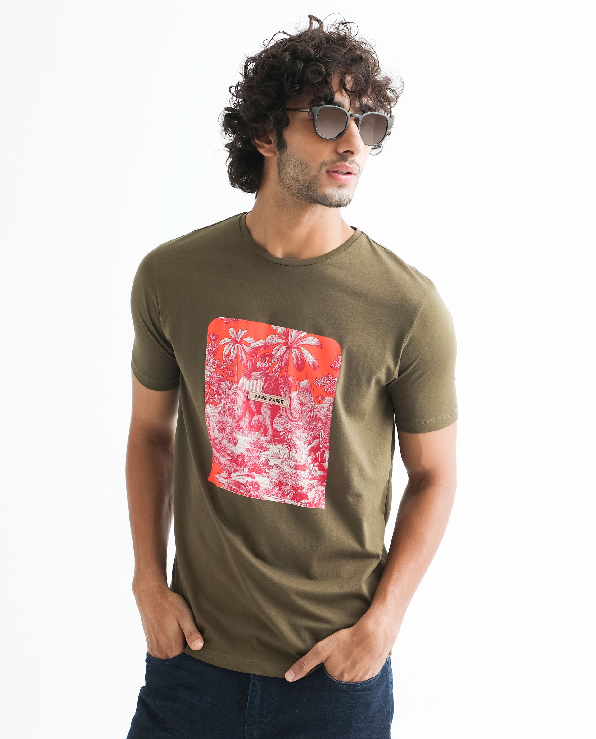 Rare Rabbit Men's Spread Green Crew Neck Regular Fit Tropical Graphic Print T-Shirt