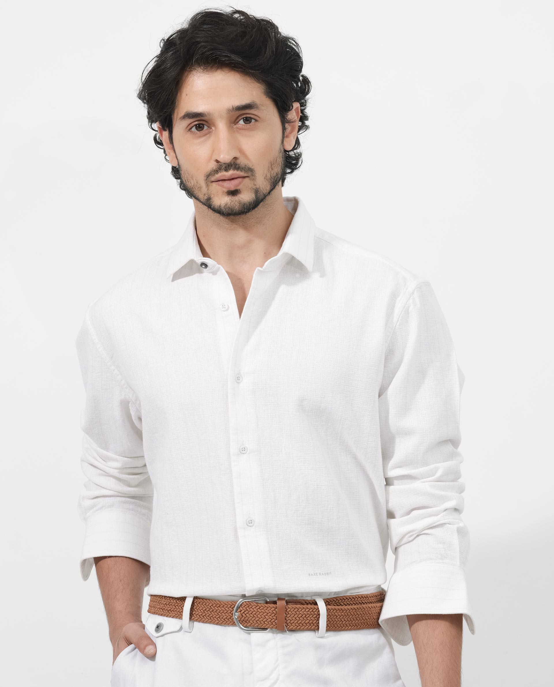 Rare Rabbit Mens Squa Off White Full Sleeves Cotton Fabric Sleeve Stripe Shirt