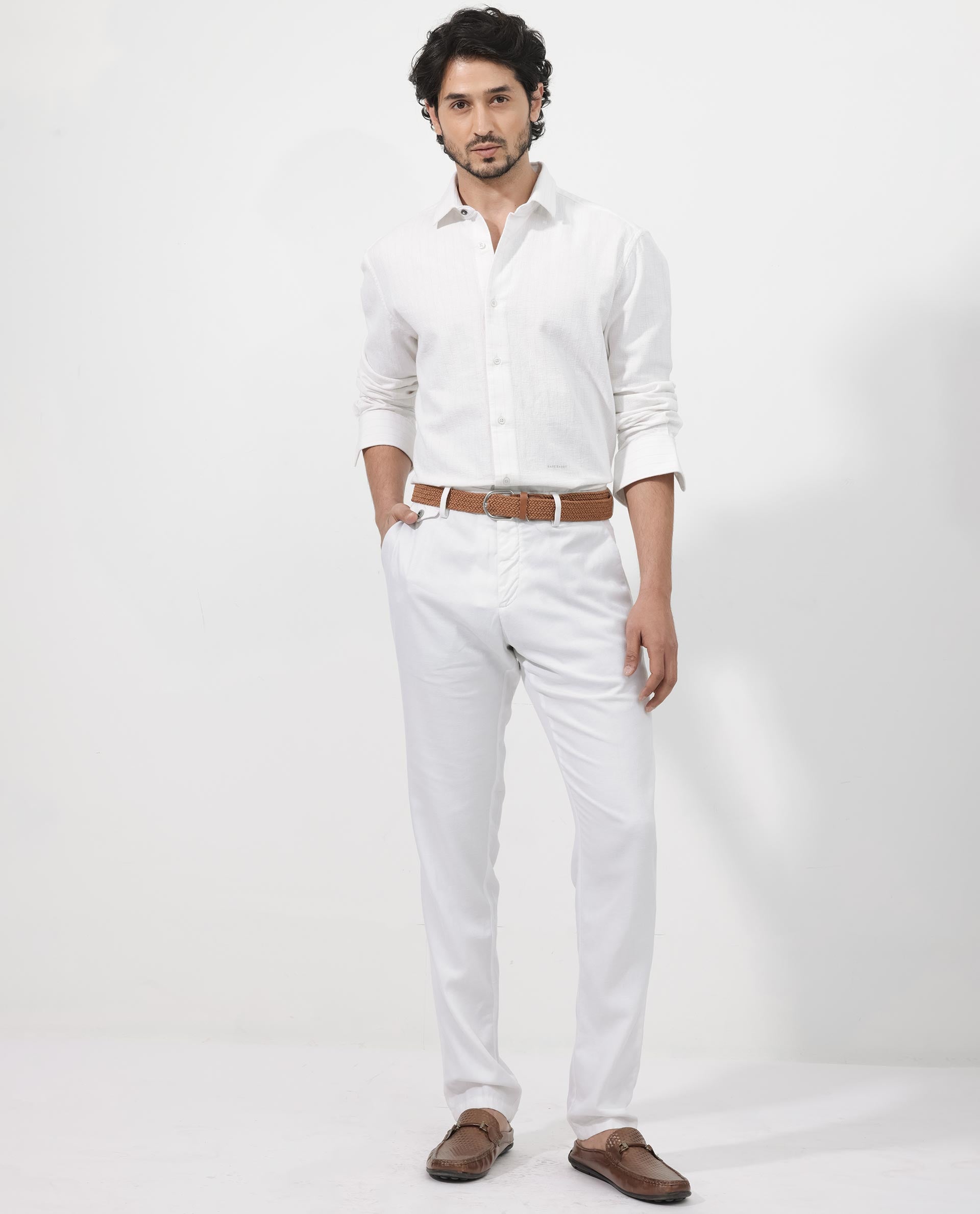 Rare Rabbit Mens Squa Off White Full Sleeves Cotton Fabric Sleeve Stripe Shirt