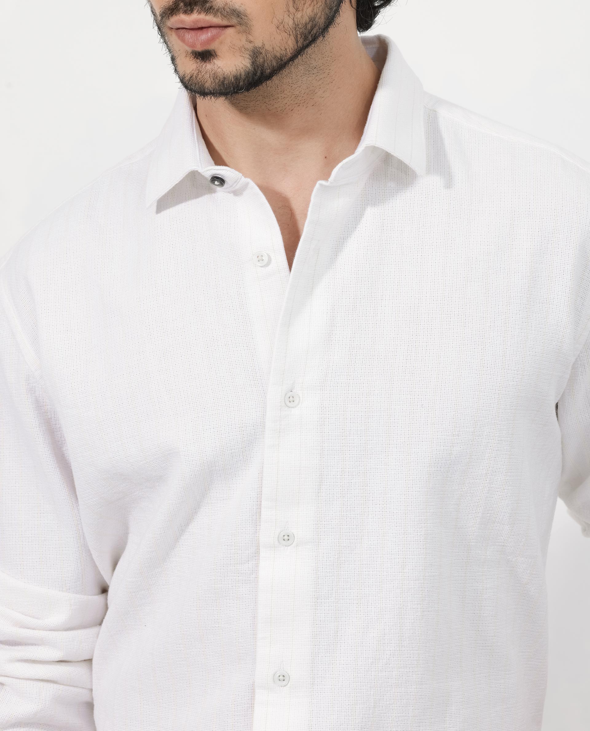 Rare Rabbit Mens Squa Off White Full Sleeves Cotton Fabric Sleeve Stripe Shirt