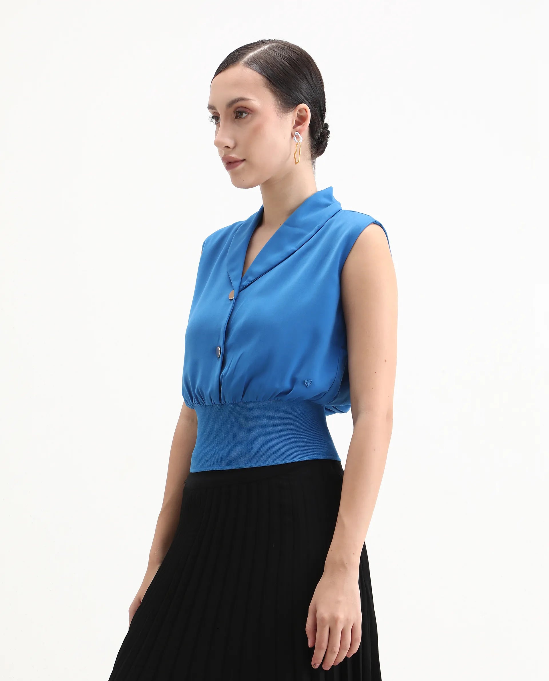 Rareism Women's Srat Blue Polyester Shawl Collar Plain Sleeveless Regular Fit Top