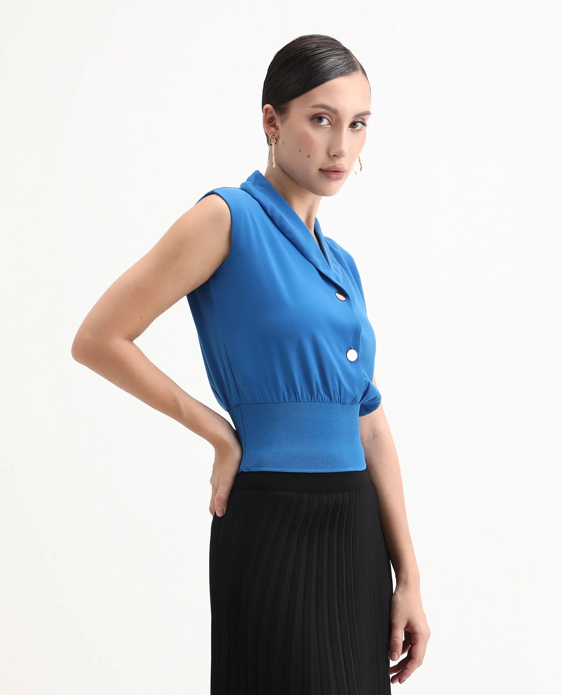 Rareism Women's Srat Blue Polyester Shawl Collar Plain Sleeveless Regular Fit Top