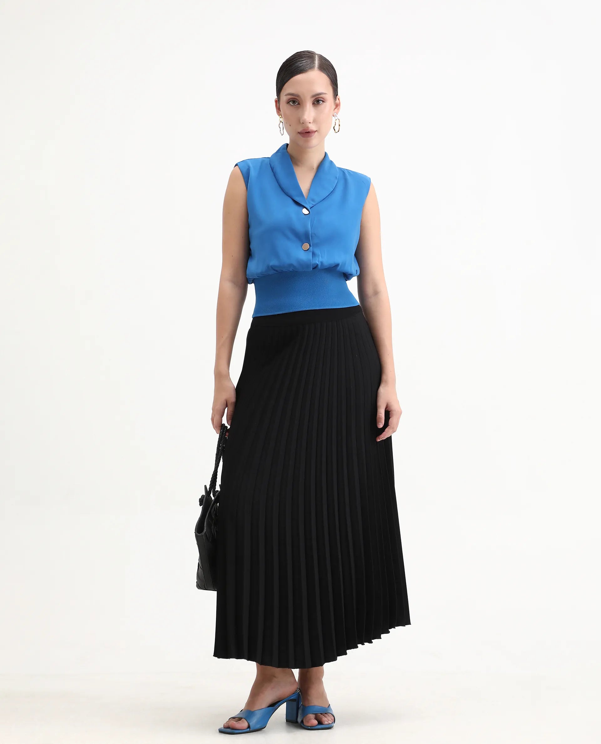 Rareism Women's Srat Blue Polyester Shawl Collar Plain Sleeveless Regular Fit Top