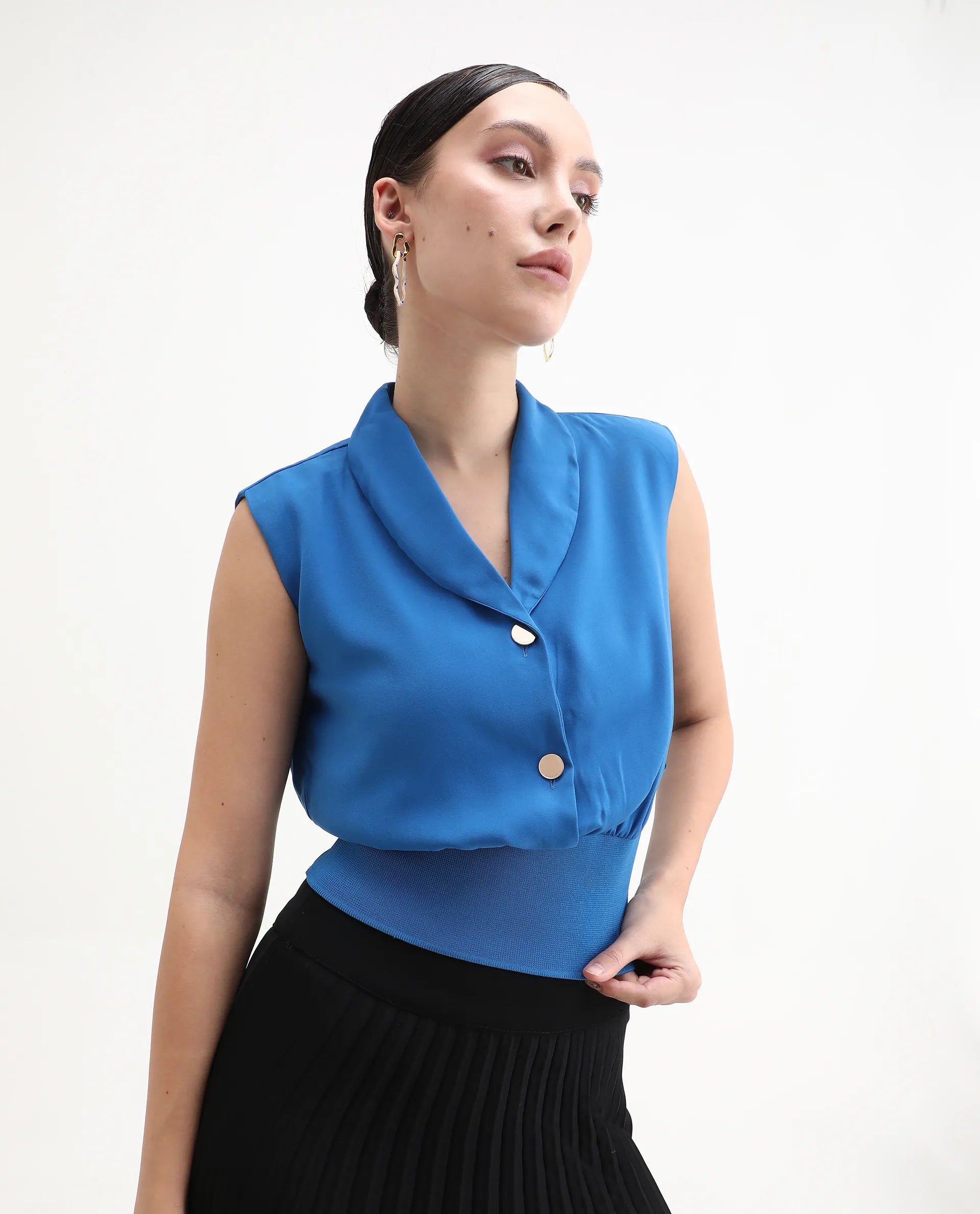 Rareism Women's Srat Blue Polyester Shawl Collar Plain Sleeveless Regular Fit Top