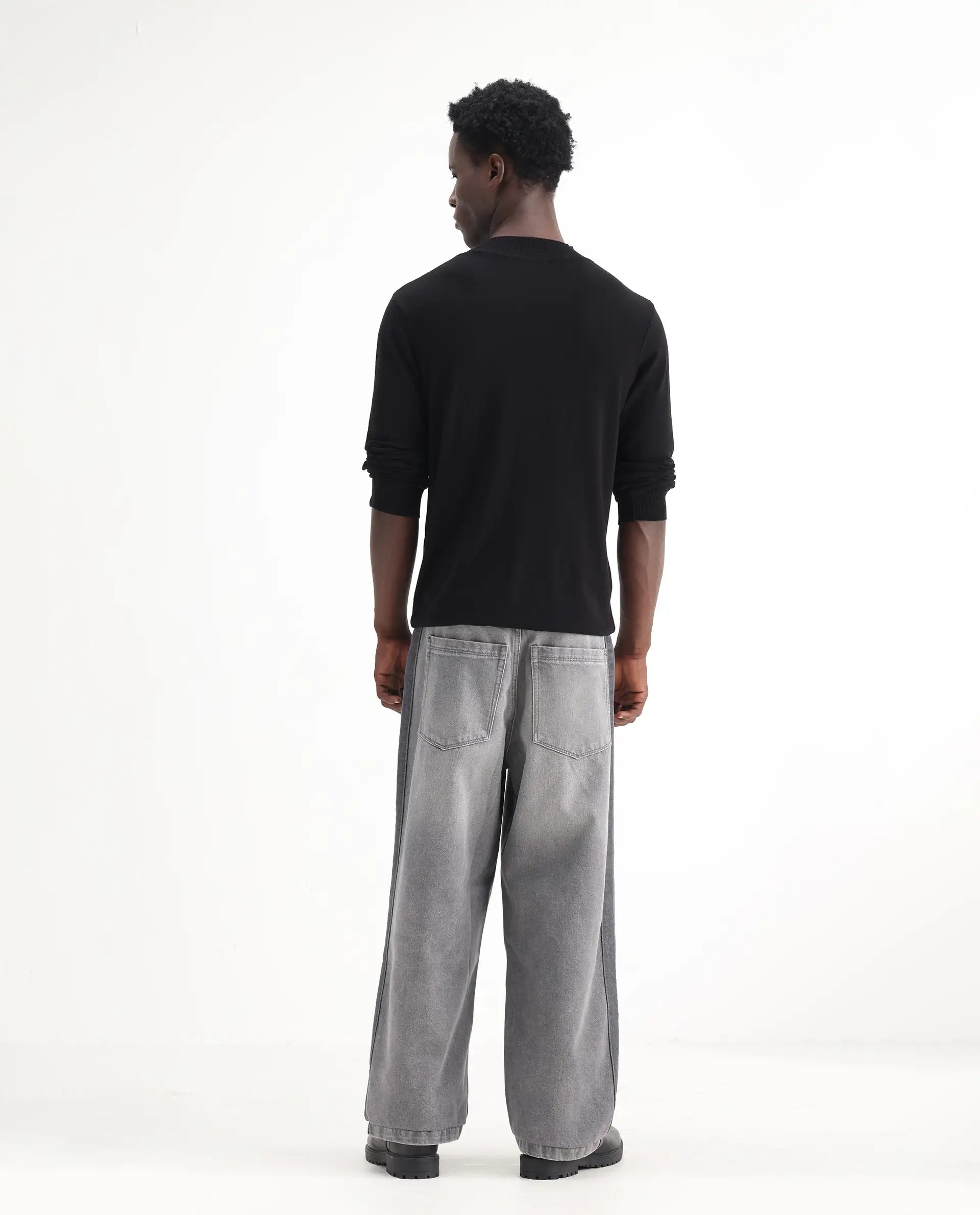 Rare Rabbit Men's Srito Grey Cotton Plain Baggy Fit Jeans