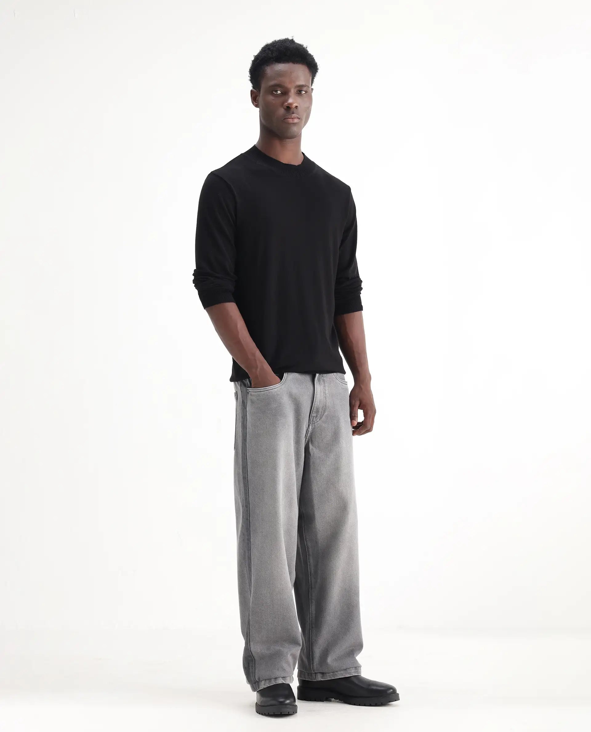 Rare Rabbit Men's Srito Grey Cotton Plain Baggy Fit Jeans