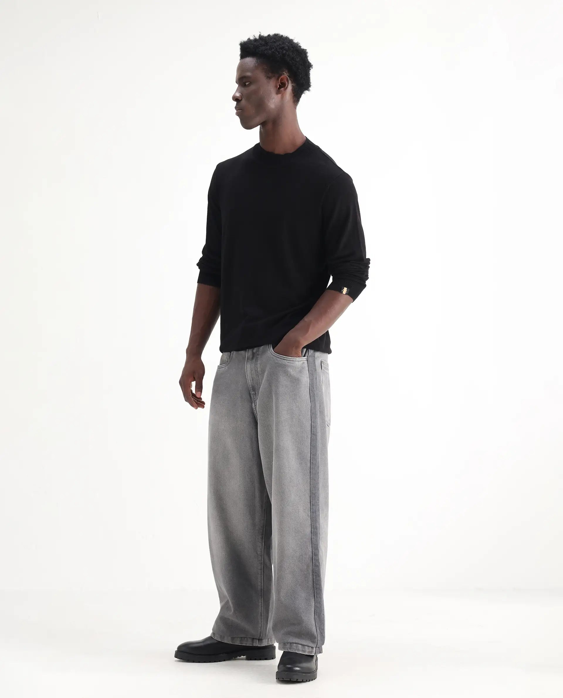 Rare Rabbit Men's Srito Grey Cotton Plain Baggy Fit Jeans