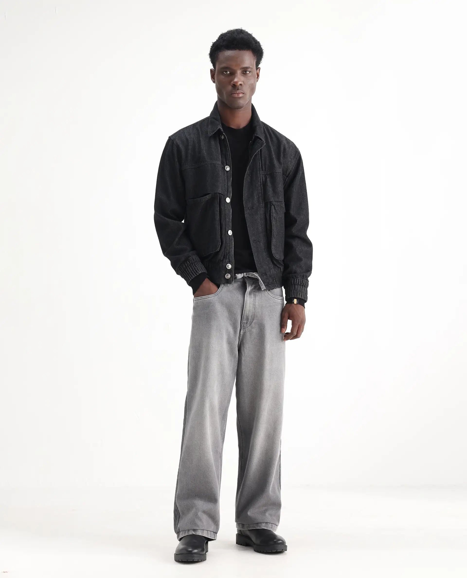 Rare Rabbit Men's Srito Grey Cotton Plain Baggy Fit Jeans