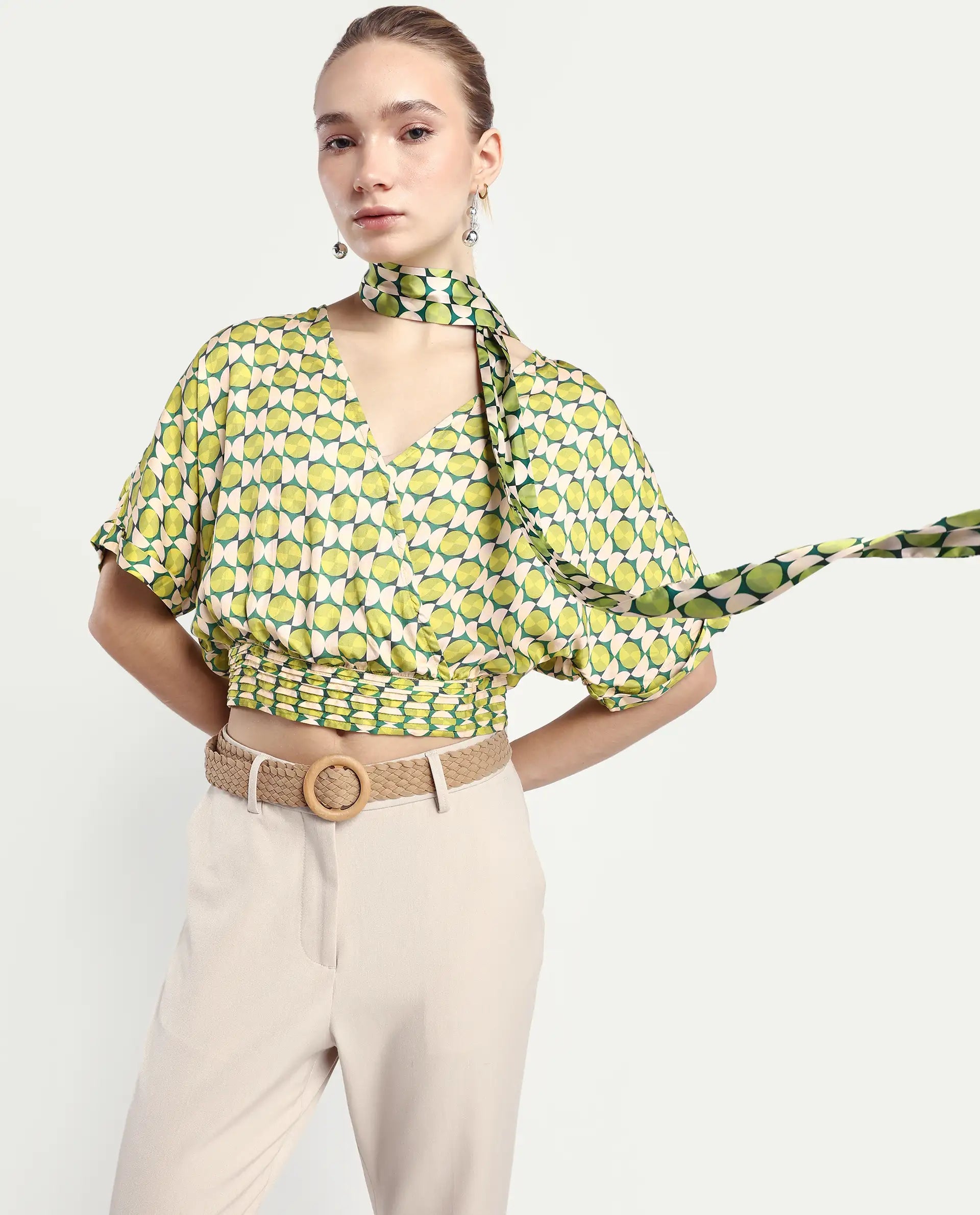 Rareism Women's Stabia Green Cotton Blend Overlap Neck Geometric Print Extended Sleeves Crop Regular Fit Top