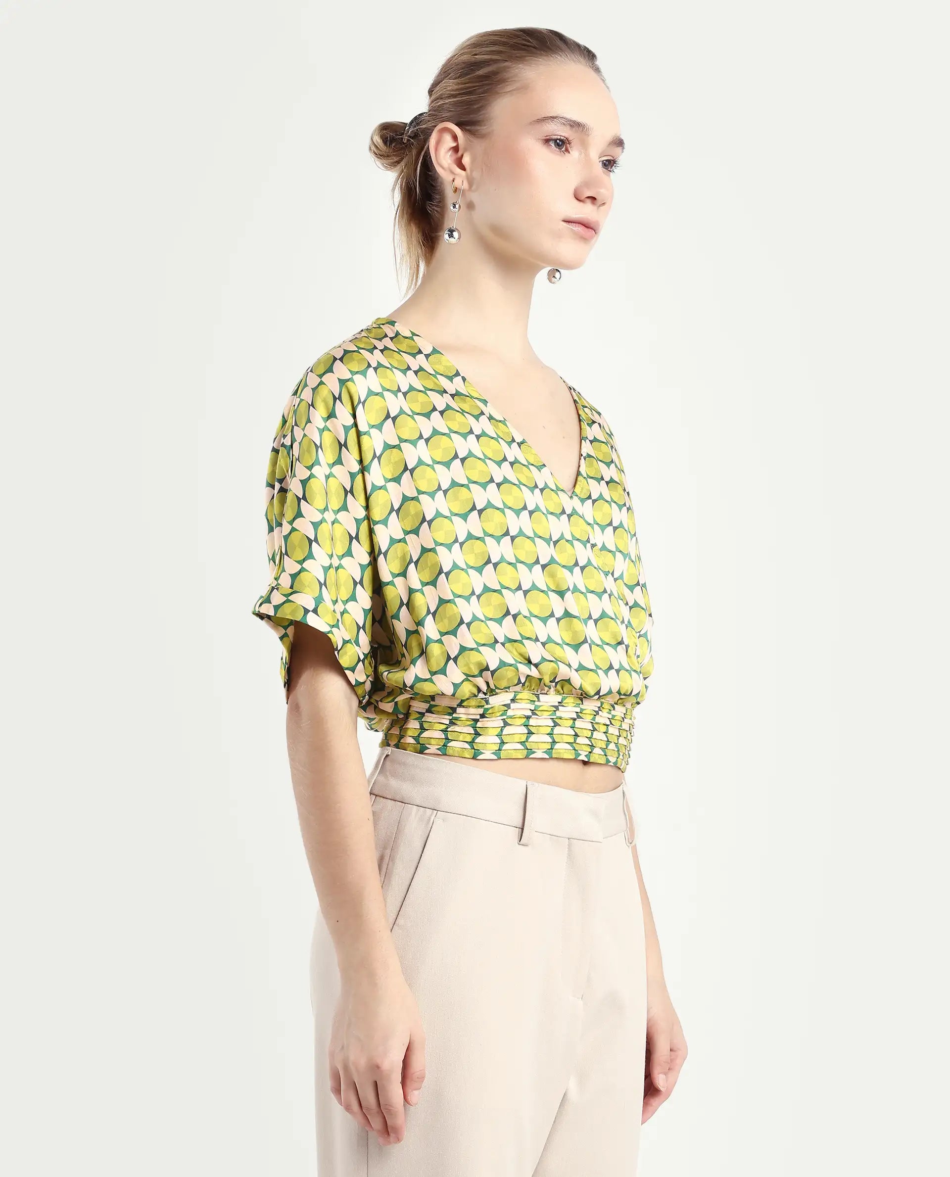 Rareism Women's Stabia Green Cotton Blend Overlap Neck Geometric Print Extended Sleeves Crop Regular Fit Top