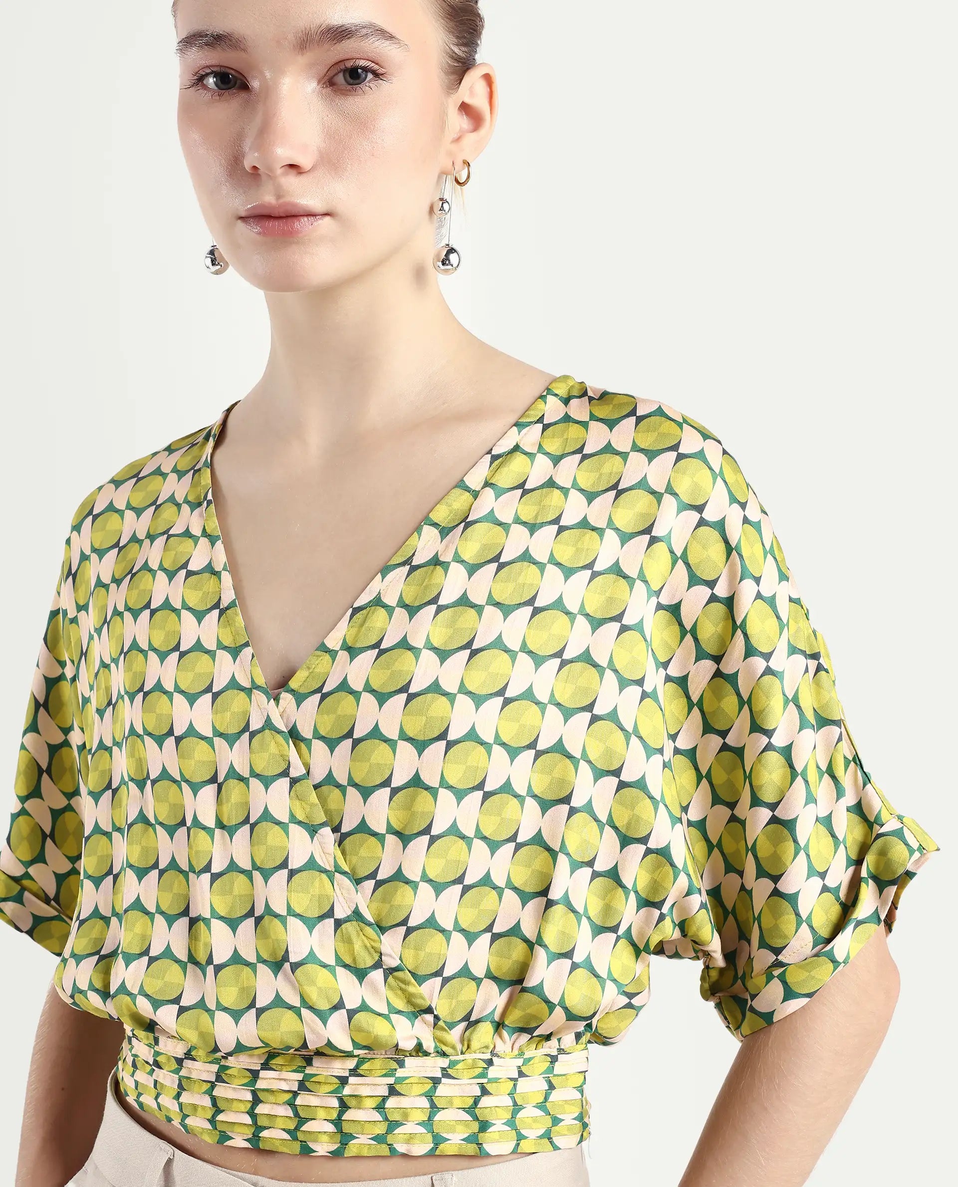 Rareism Women's Stabia Green Cotton Blend Overlap Neck Geometric Print Extended Sleeves Crop Regular Fit Top