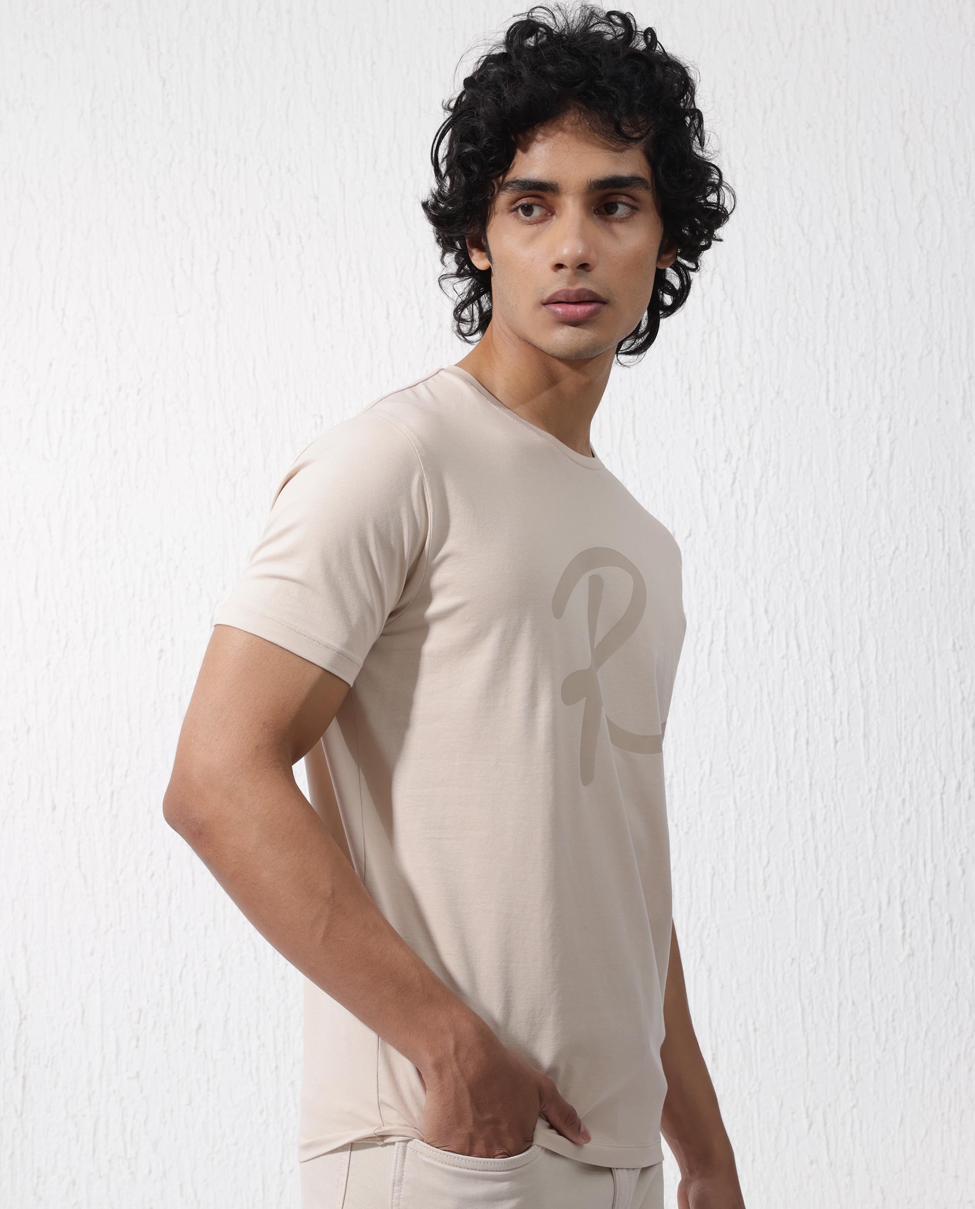 Rare Rabbit Men's Stamp-2 Beige Cotton Lycra Fabric Half Sleeves Graphic Signature Print T-Shirt
