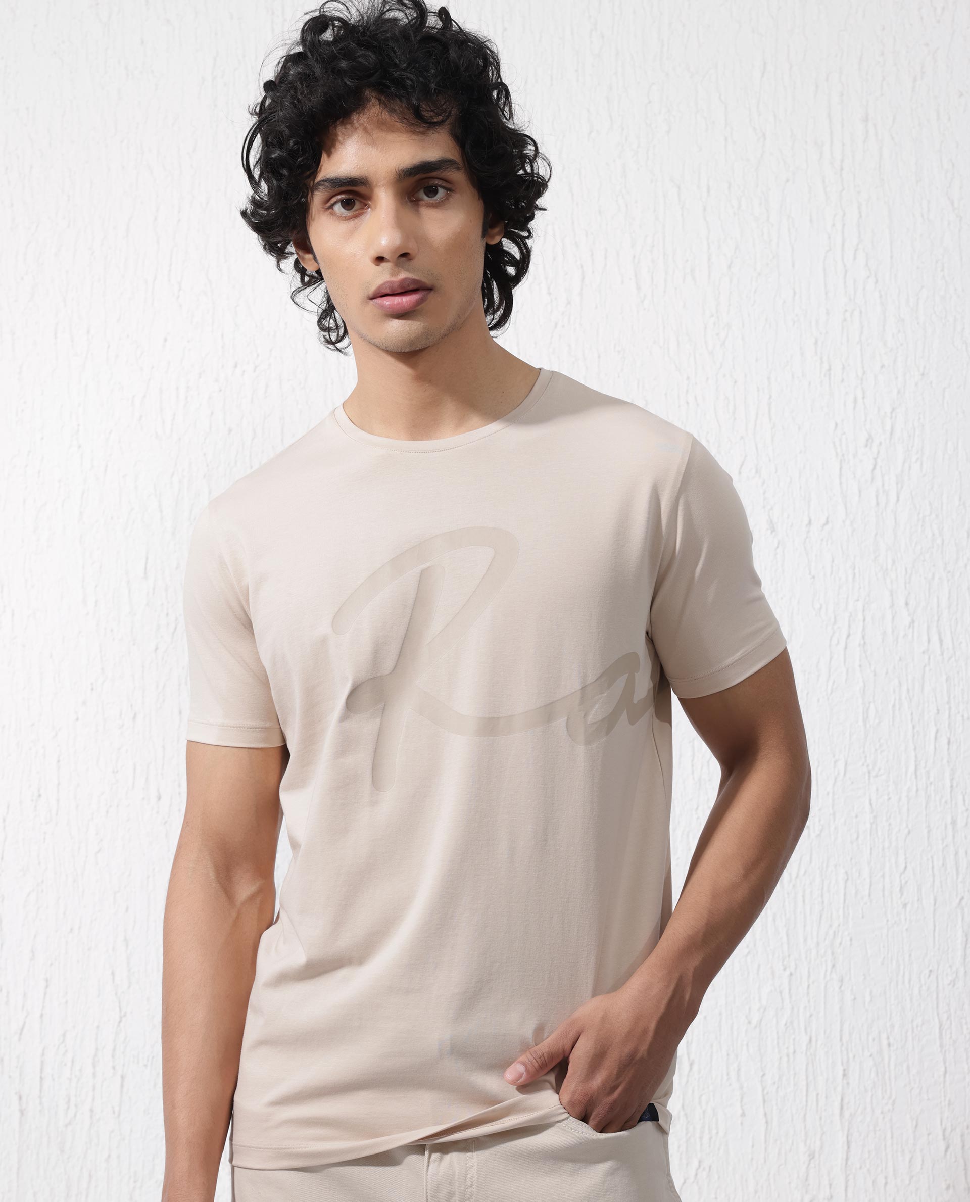 Rare Rabbit Men's Stamp-2 Beige Cotton Lycra Fabric Half Sleeves Graphic Signature Print T-Shirt