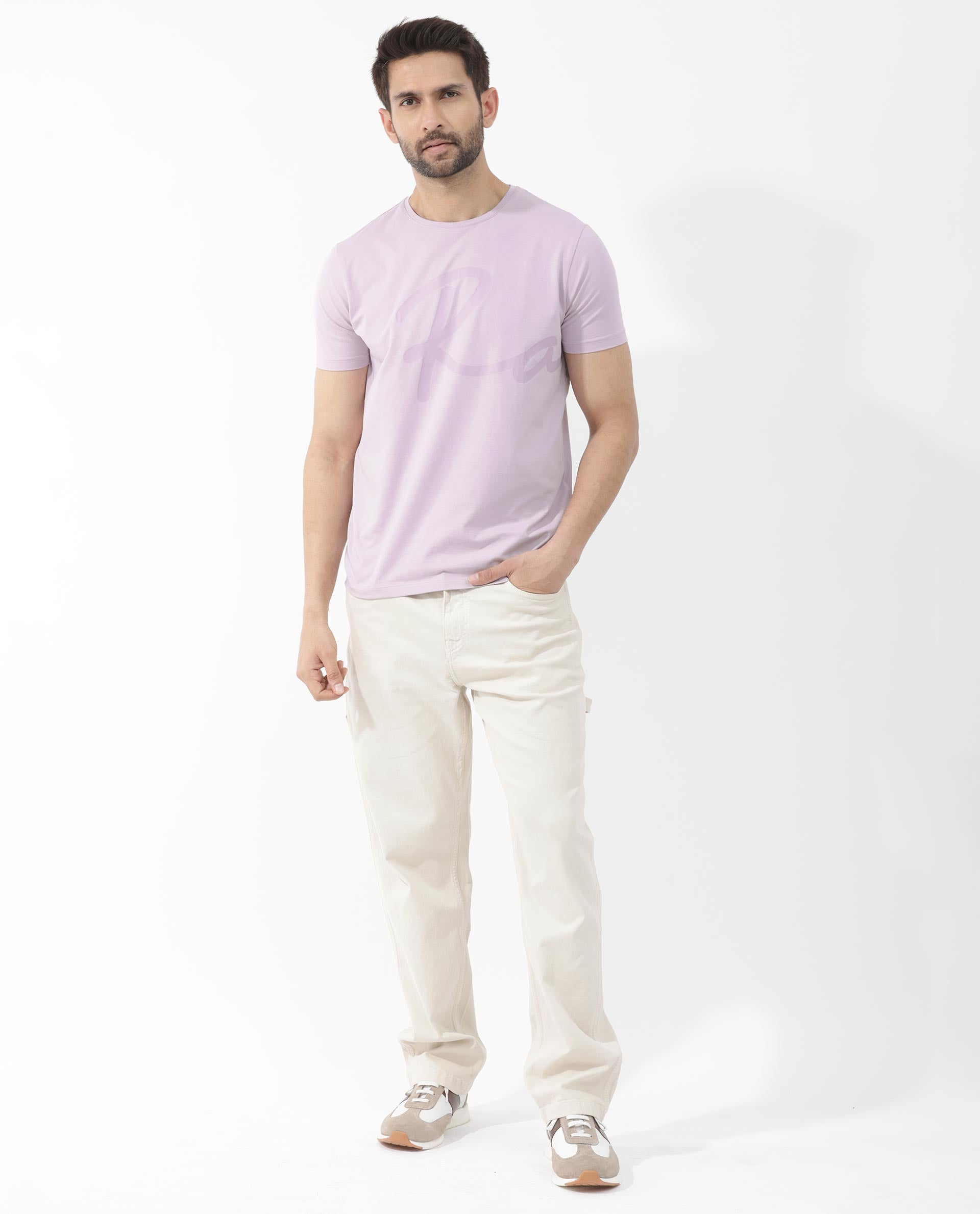 Rare Rabbit Mens Stamp-2 Dusky Pink Cotton Lycra Fabric Half Sleeves Graphic Signature Print T-Shirt