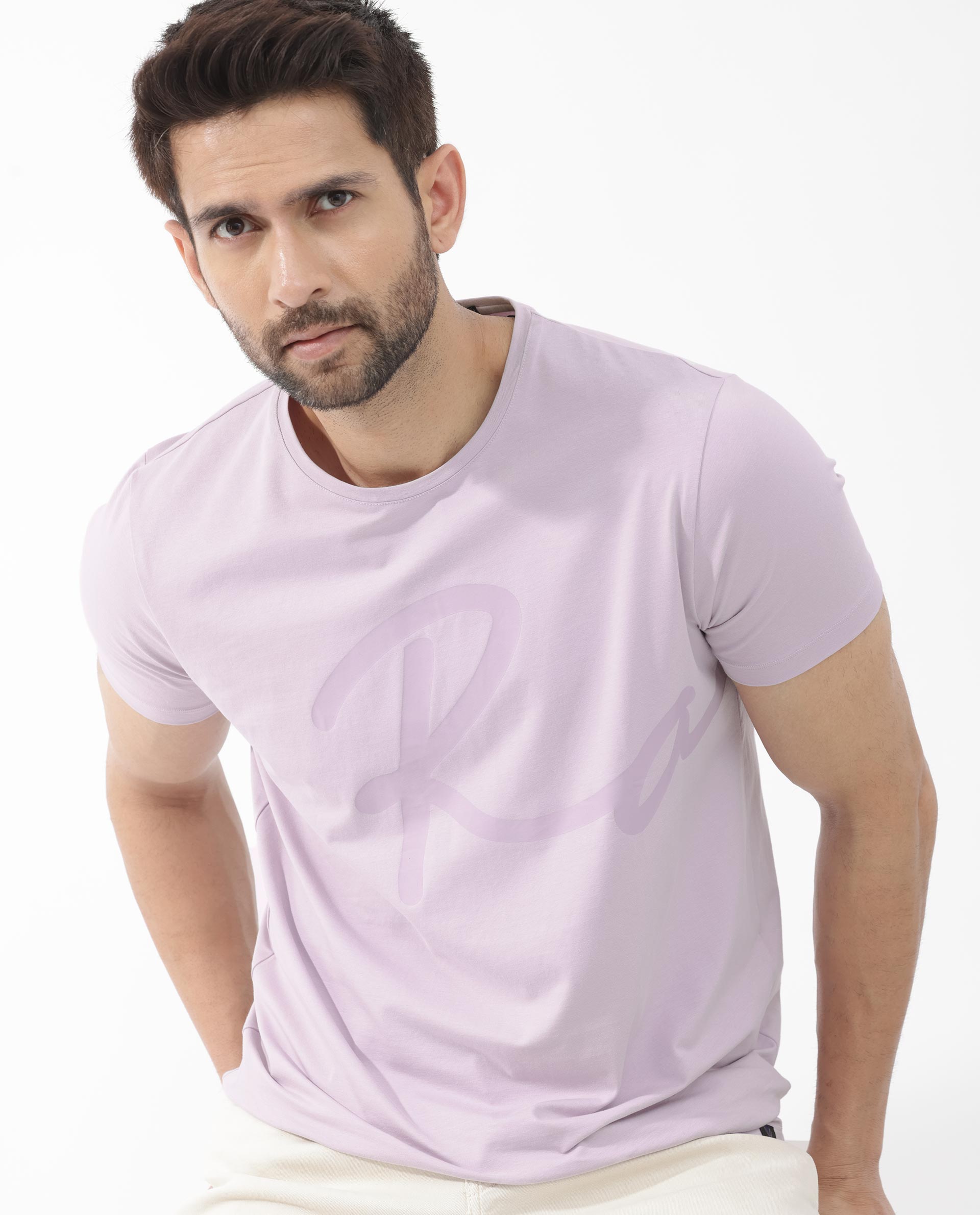 Rare Rabbit Mens Stamp-2 Dusky Pink Cotton Lycra Fabric Half Sleeves Graphic Signature Print T-Shirt
