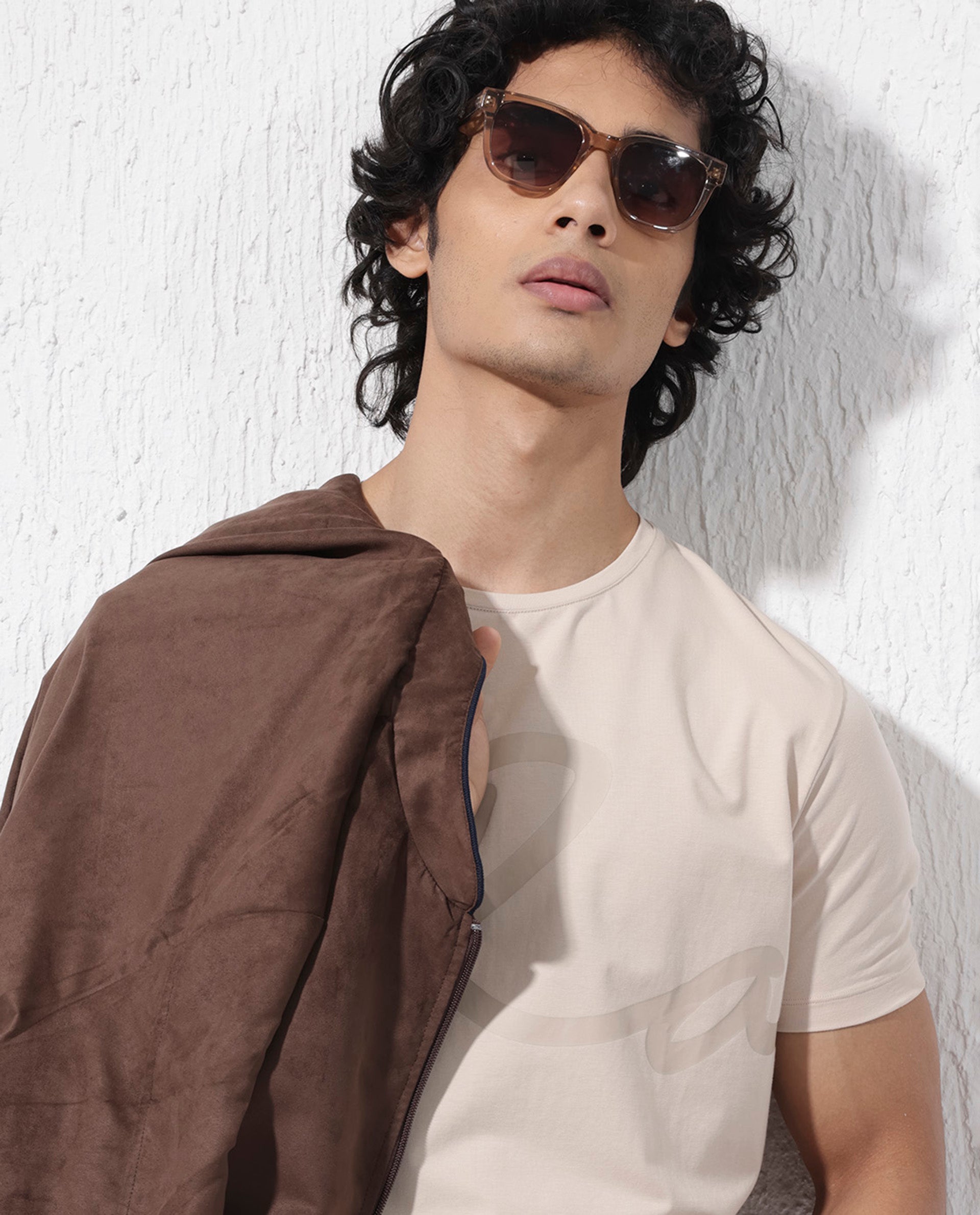 Rare Rabbit Men's Stamp-2 Beige Cotton Lycra Fabric Half Sleeves Graphic Signature Print T-Shirt