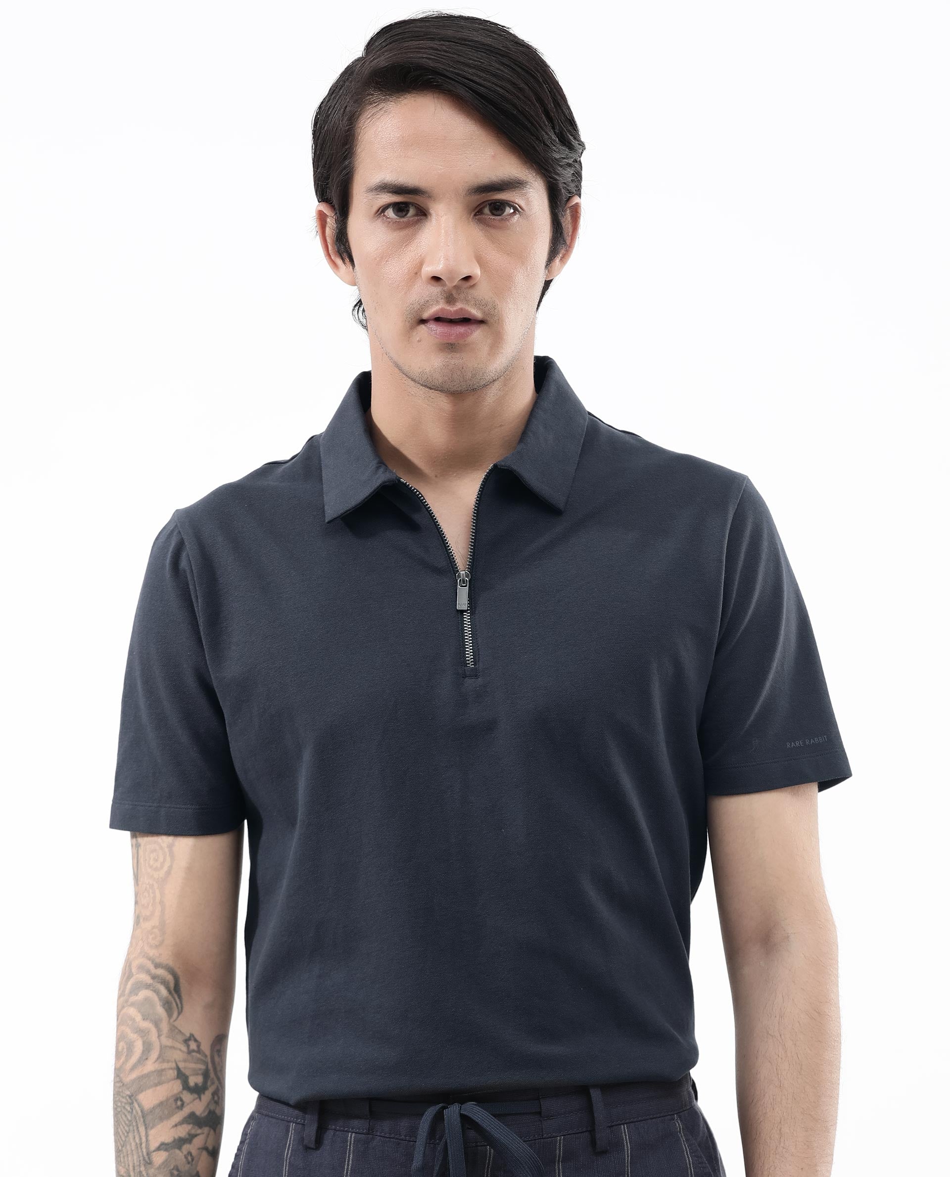 Rare Rabbit Mens Stan-2 Dusky Navy Cotton Lycra Fabric Short Sleeve Zipper Closure Solid Polo T-Shirt