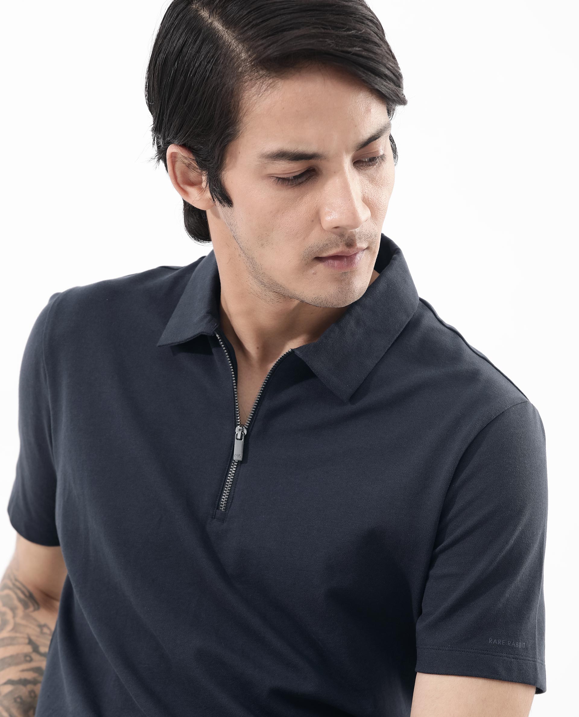 Rare Rabbit Mens Stan-2 Dusky Navy Cotton Lycra Fabric Short Sleeve Zipper Closure Solid Polo T-Shirt