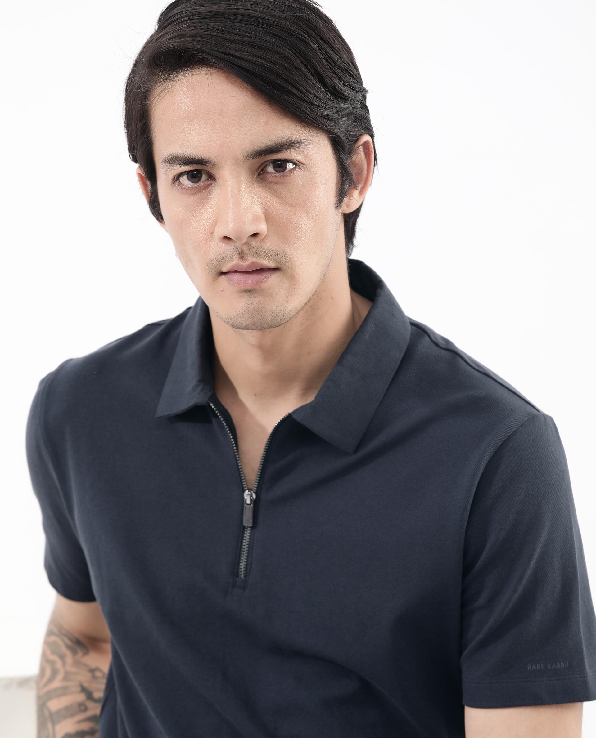 Rare Rabbit Mens Stan-2 Dusky Navy Cotton Lycra Fabric Short Sleeve Zipper Closure Solid Polo T-Shirt