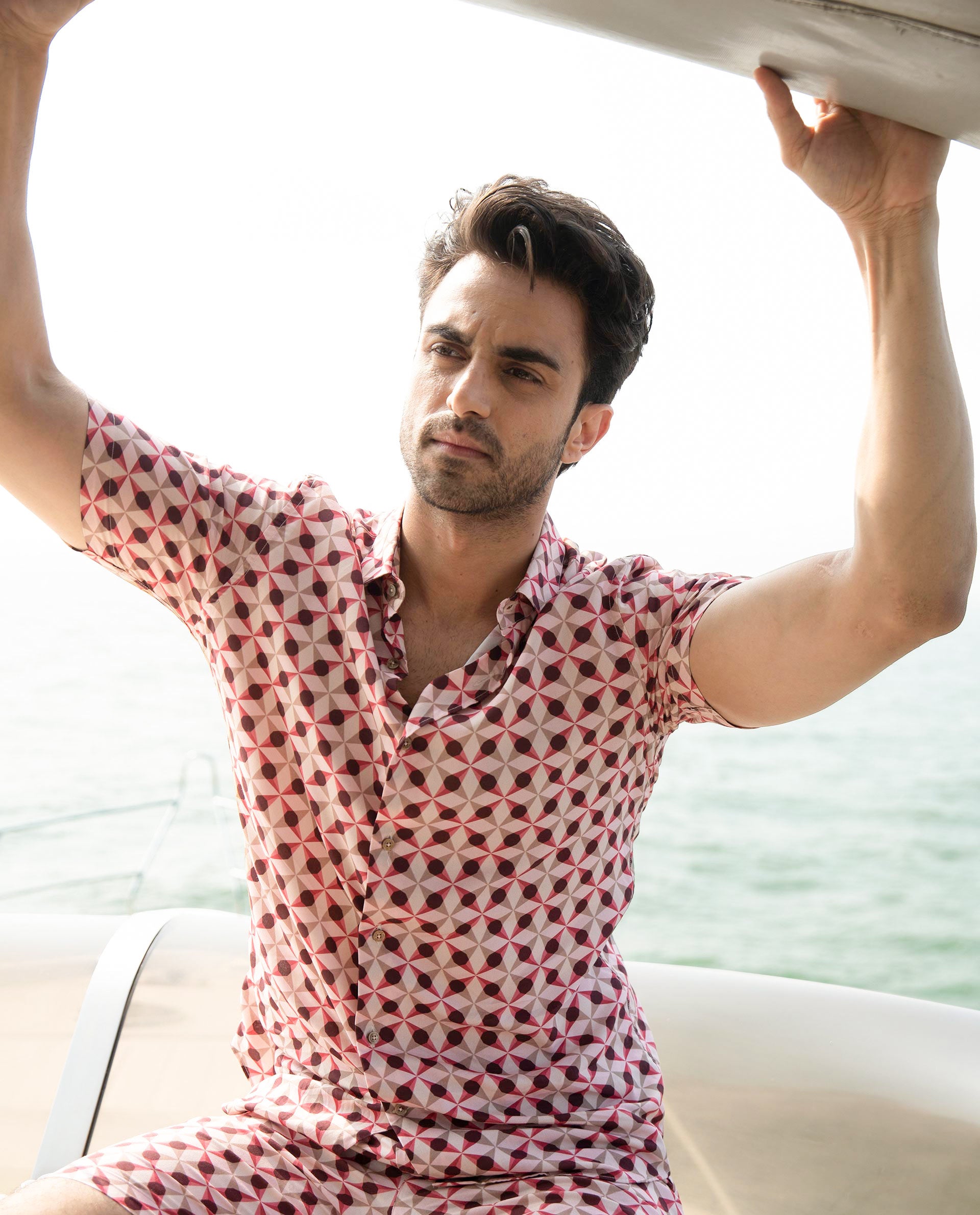 Rare Rabbit Men's Stanet Pink Cotton Fabric Half Sleeves Geometric Print Shirt