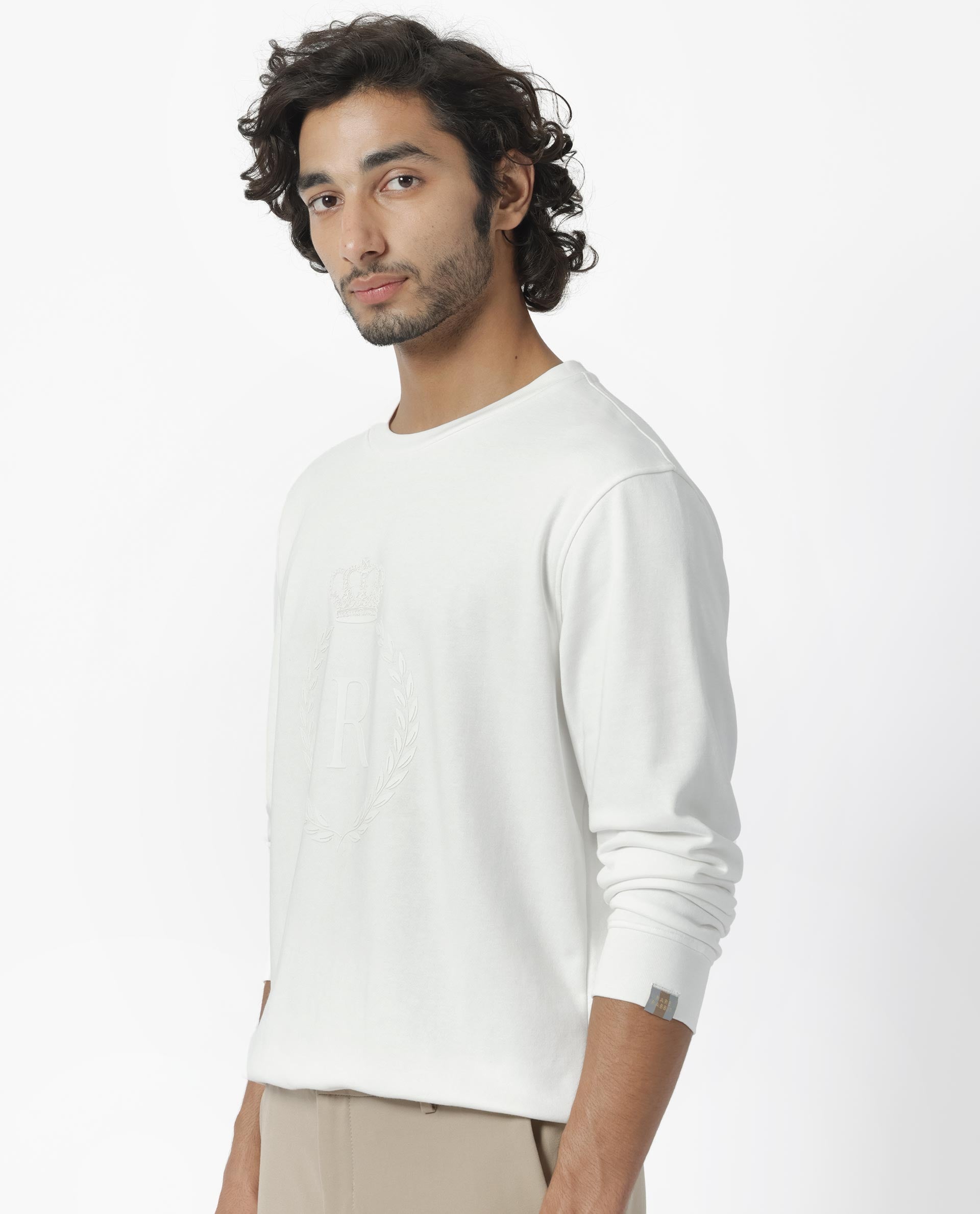 Rare Rabbit Men's Staple Off White Cotton Polyester Fabric Full Sleeves Graphic Printed Logo Knitted Sweatshirt