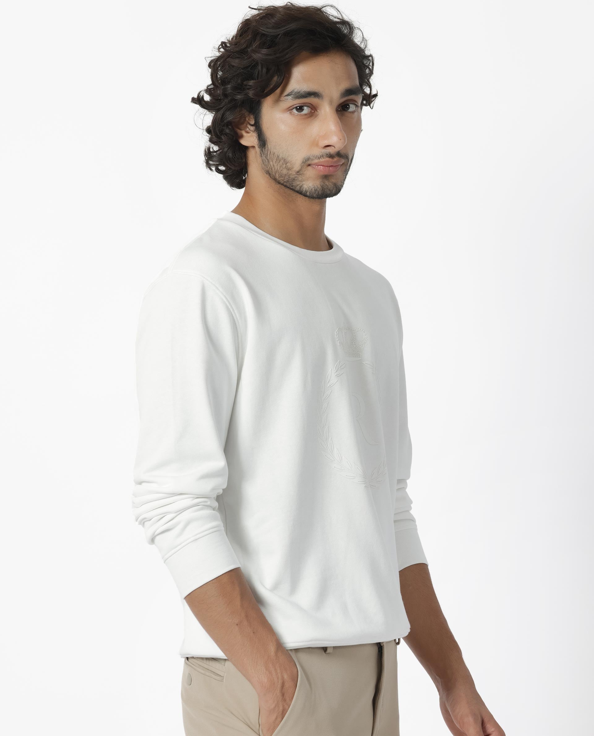 Rare Rabbit Men's Staple Off White Cotton Polyester Fabric Full Sleeves Graphic Printed Logo Knitted Sweatshirt