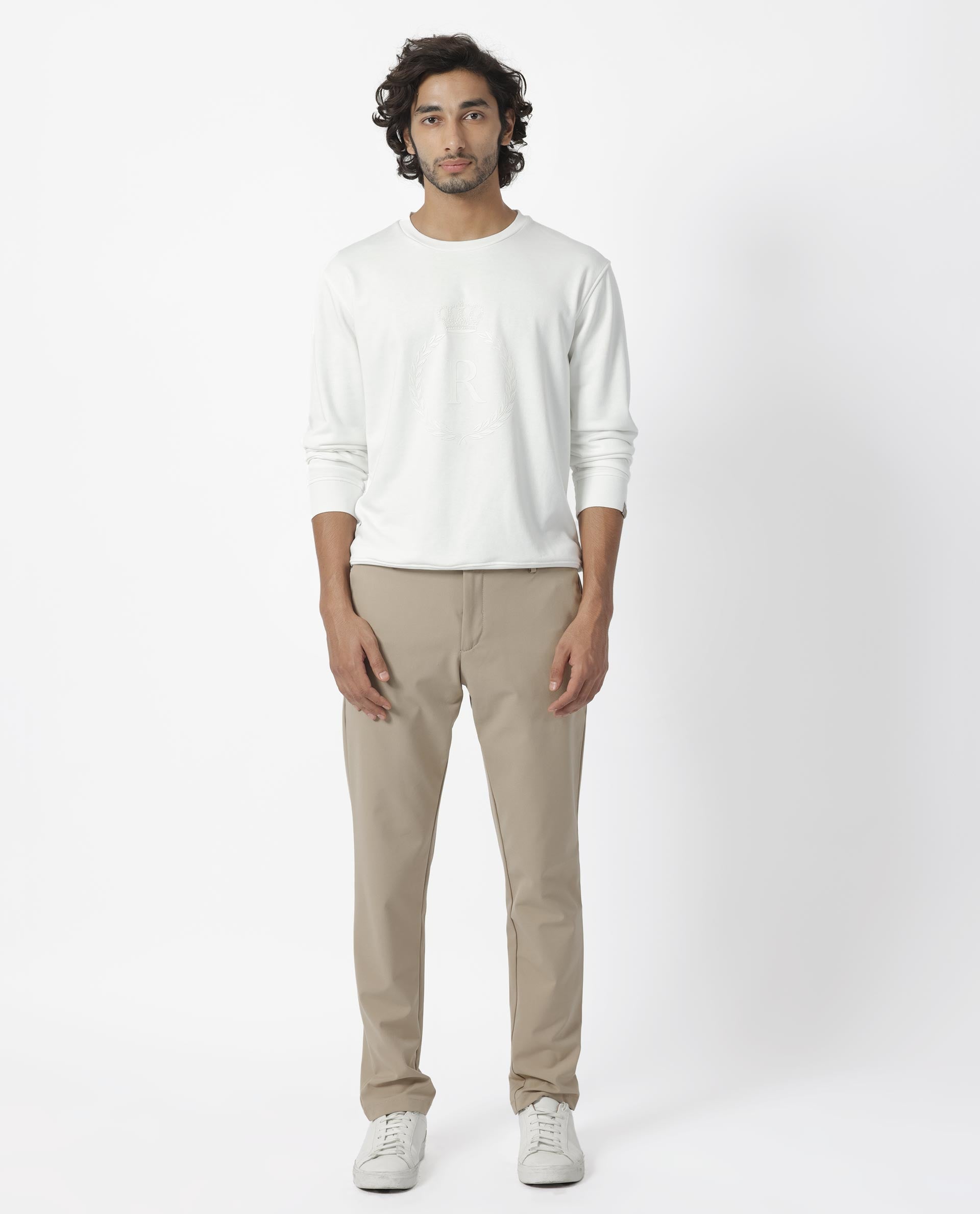 Rare Rabbit Men's Staple Off White Cotton Polyester Fabric Full Sleeves Graphic Printed Logo Knitted Sweatshirt