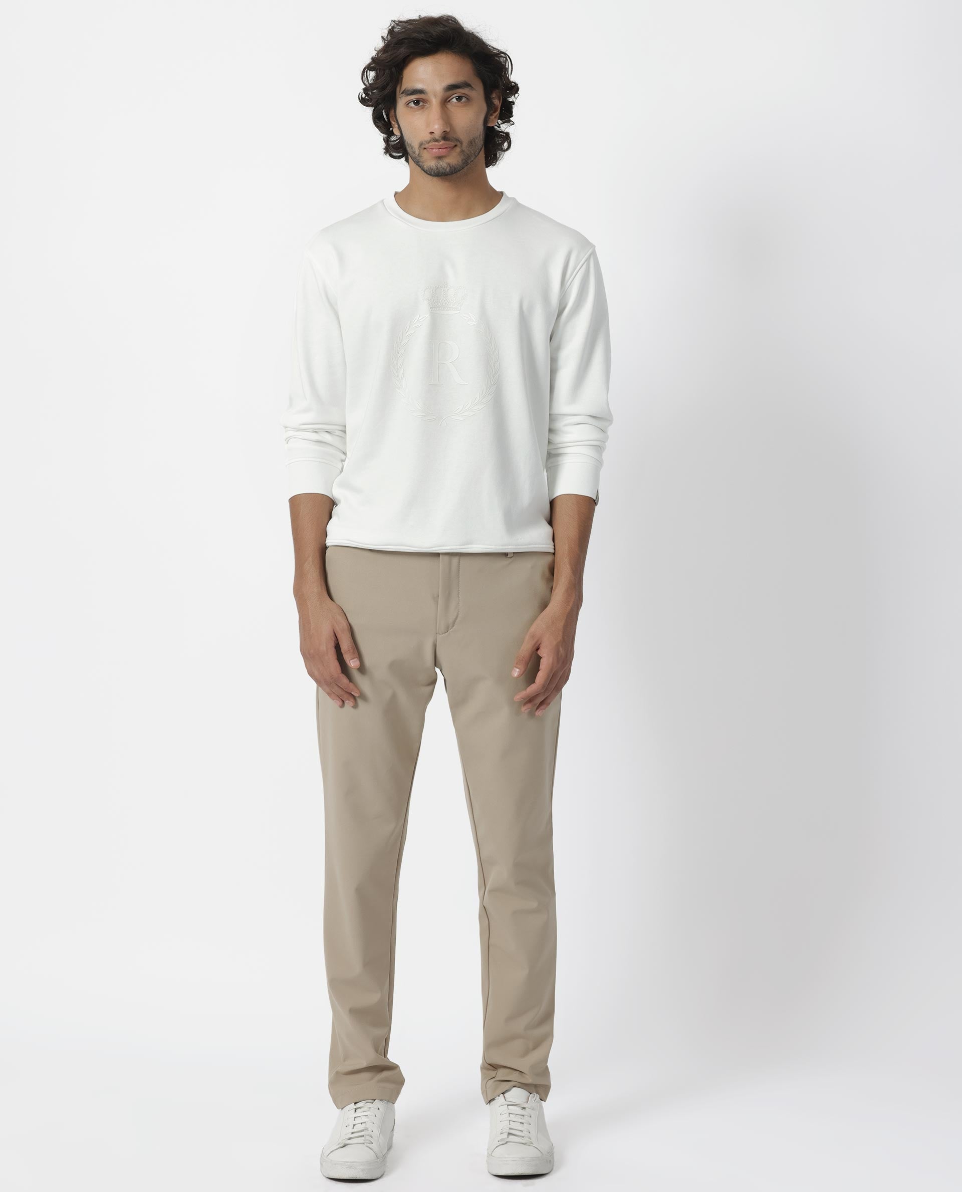 Rare Rabbit Men's Staple Off White Cotton Polyester Fabric Full Sleeves Graphic Printed Logo Knitted Sweatshirt