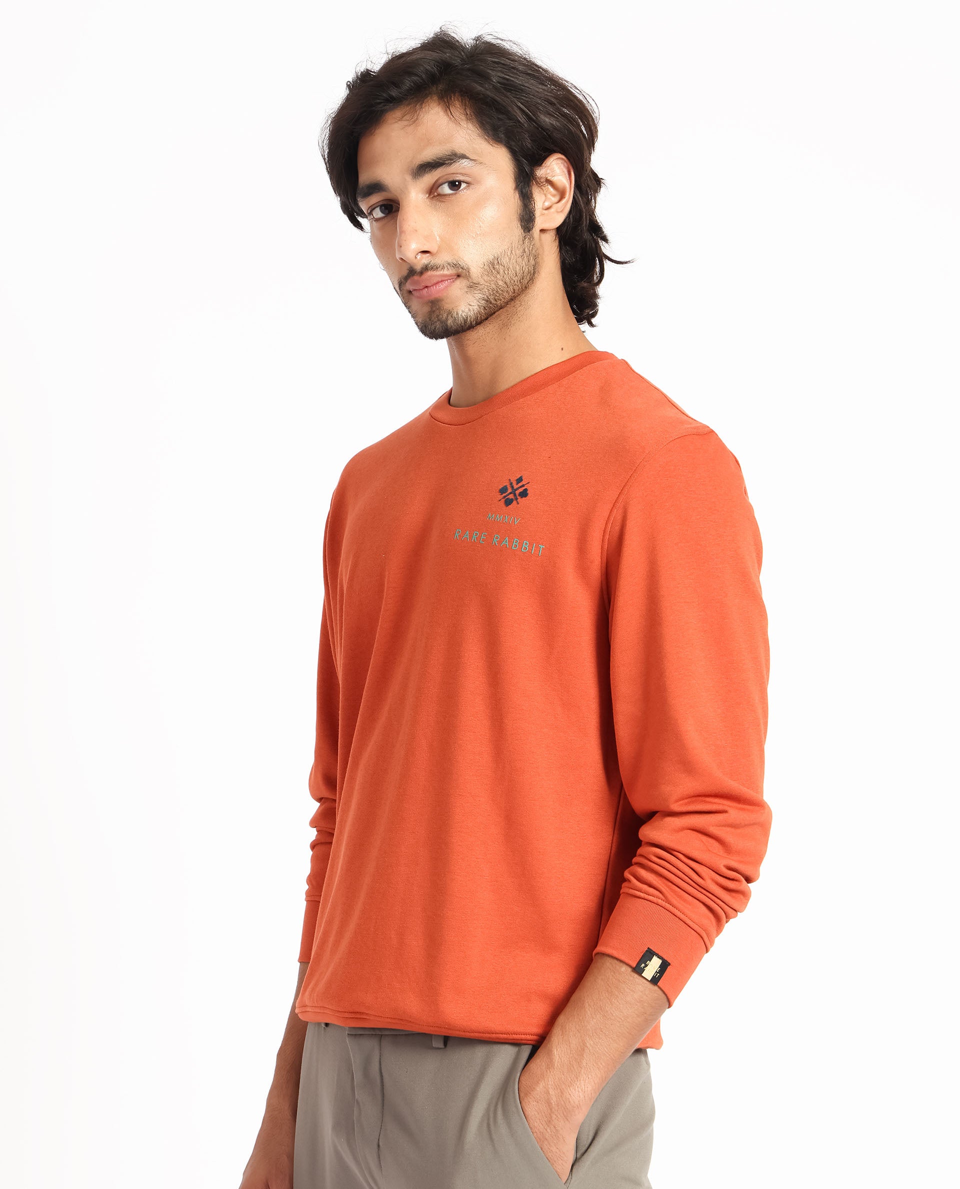 Rare Rabbit Men's Cerdon Rust Cotton Polyester Fabric Full Sleeves Graphic Branding Print Knitted Sweatshirt