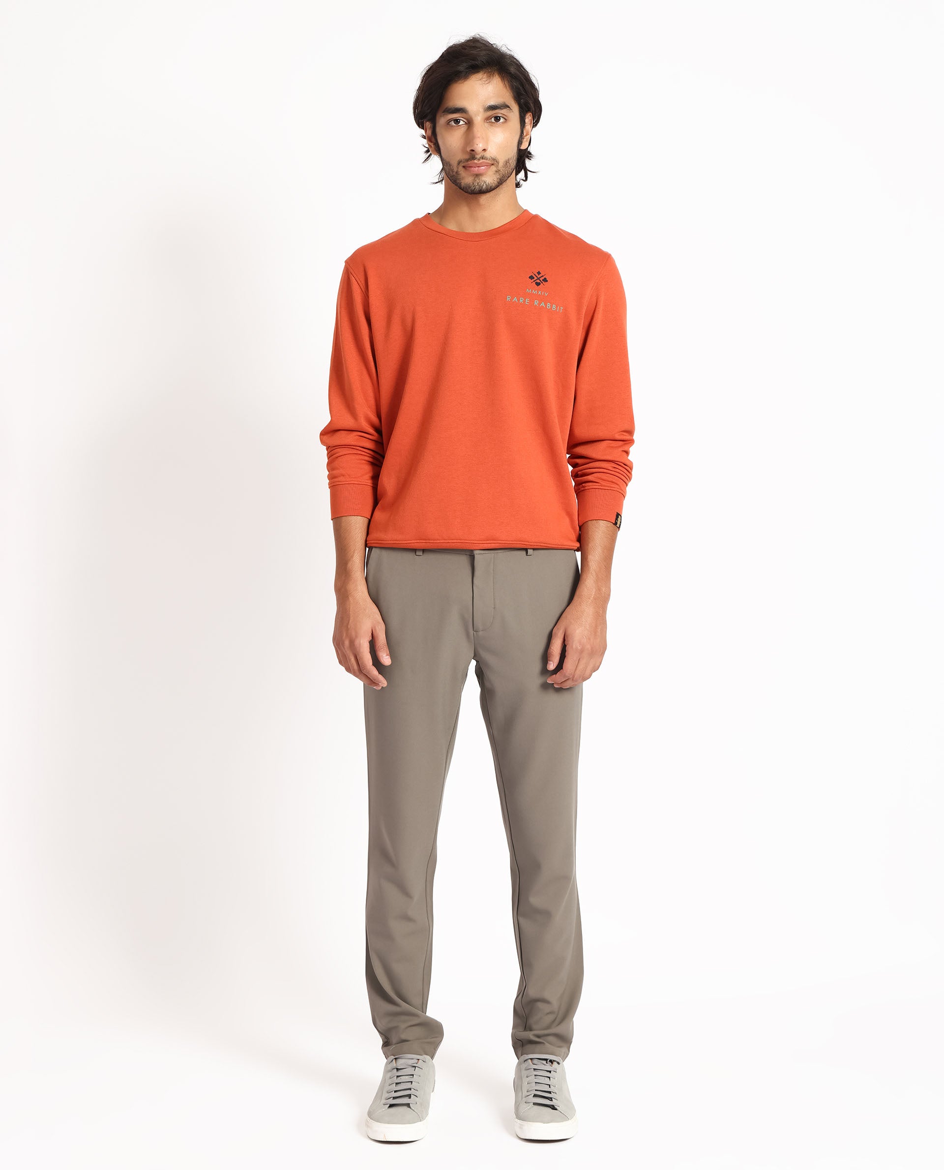 Rare Rabbit Men's Cerdon Rust Cotton Polyester Fabric Full Sleeves Graphic Branding Print Knitted Sweatshirt