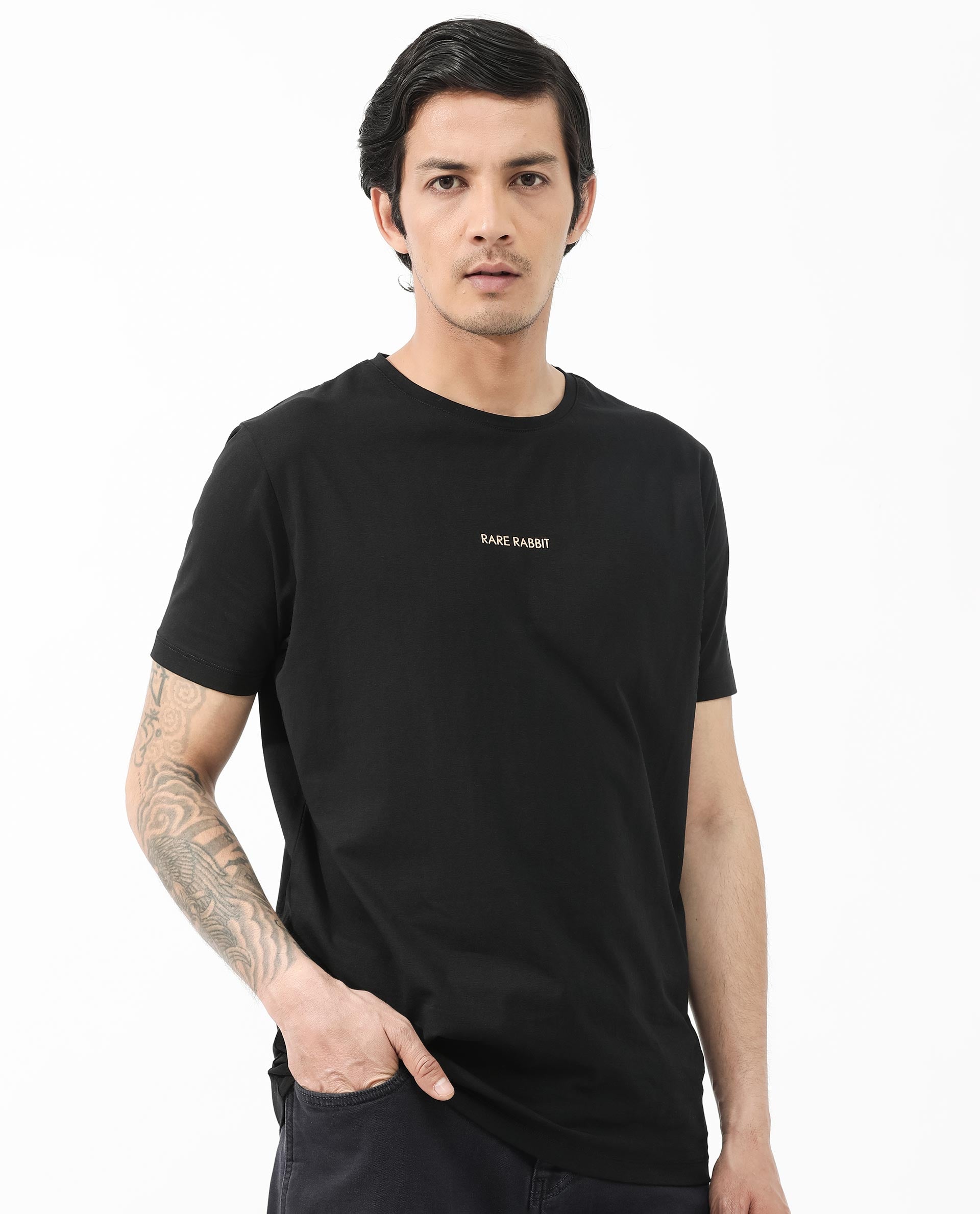 Rare Rabbit Articale Mens Stark Black Cotton Polyester Fabric Short Sleeve Crew Neck Slim Fit Printed T-Shirt
