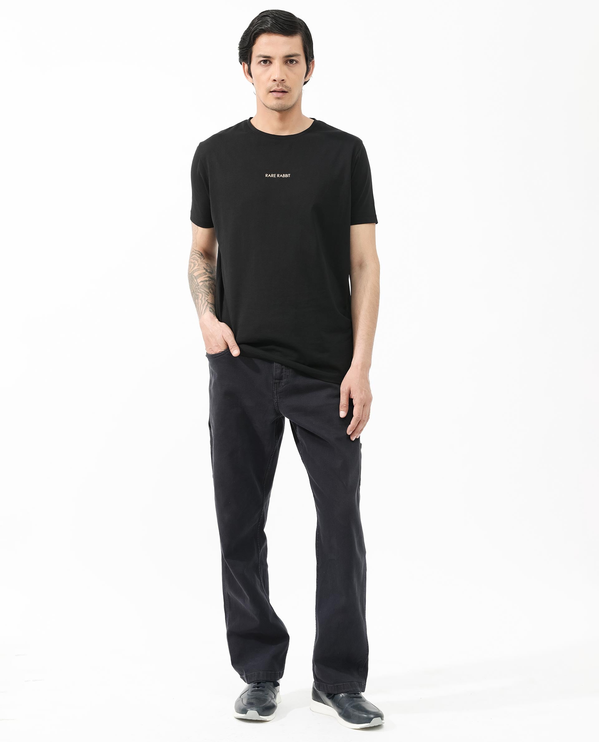 Rare Rabbit Articale Mens Stark Black Cotton Polyester Fabric Short Sleeve Crew Neck Slim Fit Printed T-Shirt