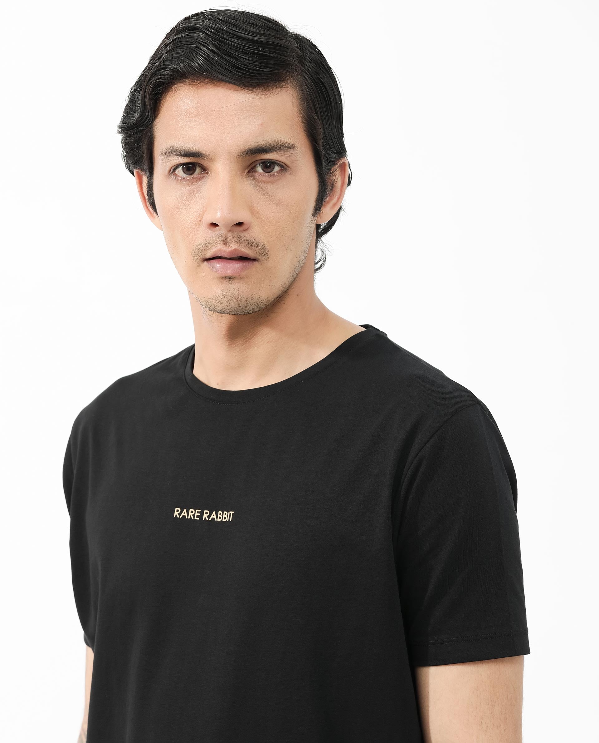 Rare Rabbit Articale Mens Stark Black Cotton Polyester Fabric Short Sleeve Crew Neck Slim Fit Printed T-Shirt