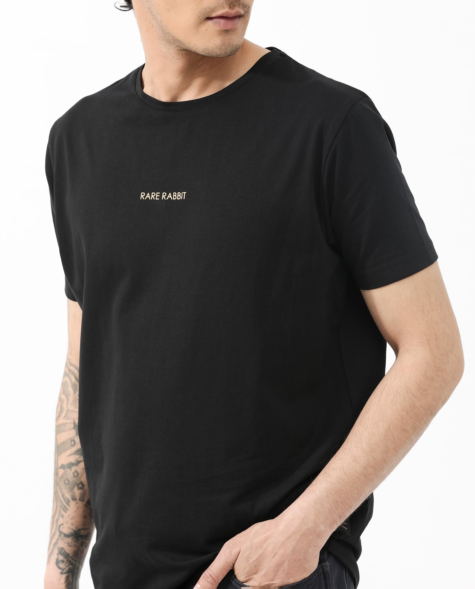 Rare Rabbit Articale Mens Stark Black Cotton Polyester Fabric Short Sleeve Crew Neck Slim Fit Printed T-Shirt