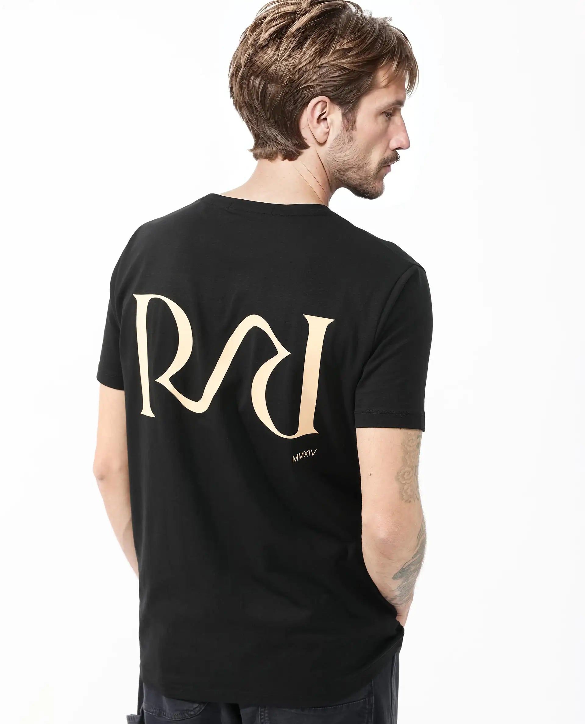 Rare Rabbit Articale Mens Stark Black Cotton Polyester Fabric Short Sleeve Crew Neck Slim Fit Printed T-Shirt