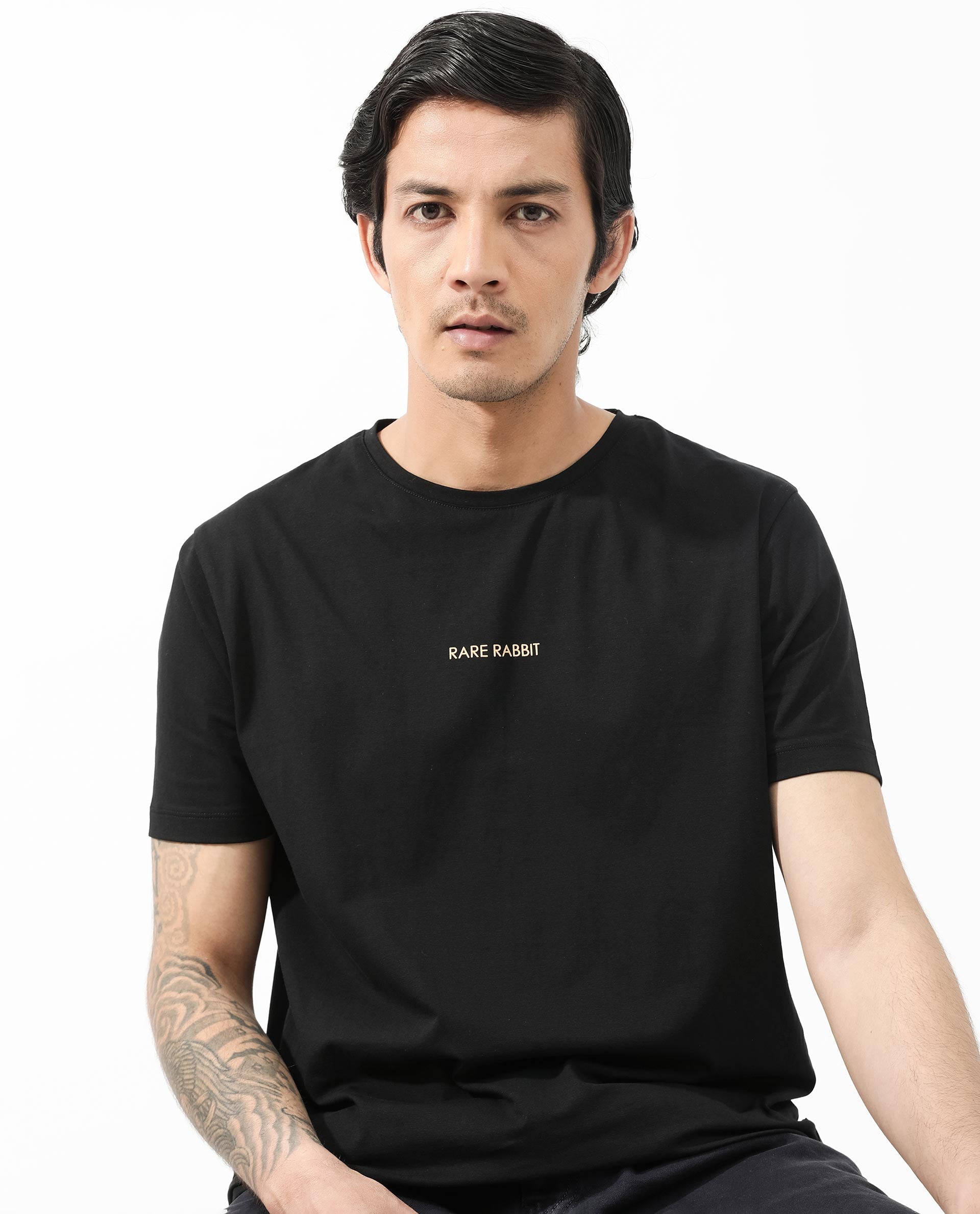Rare Rabbit Articale Mens Stark Black Cotton Polyester Fabric Short Sleeve Crew Neck Slim Fit Printed T-Shirt