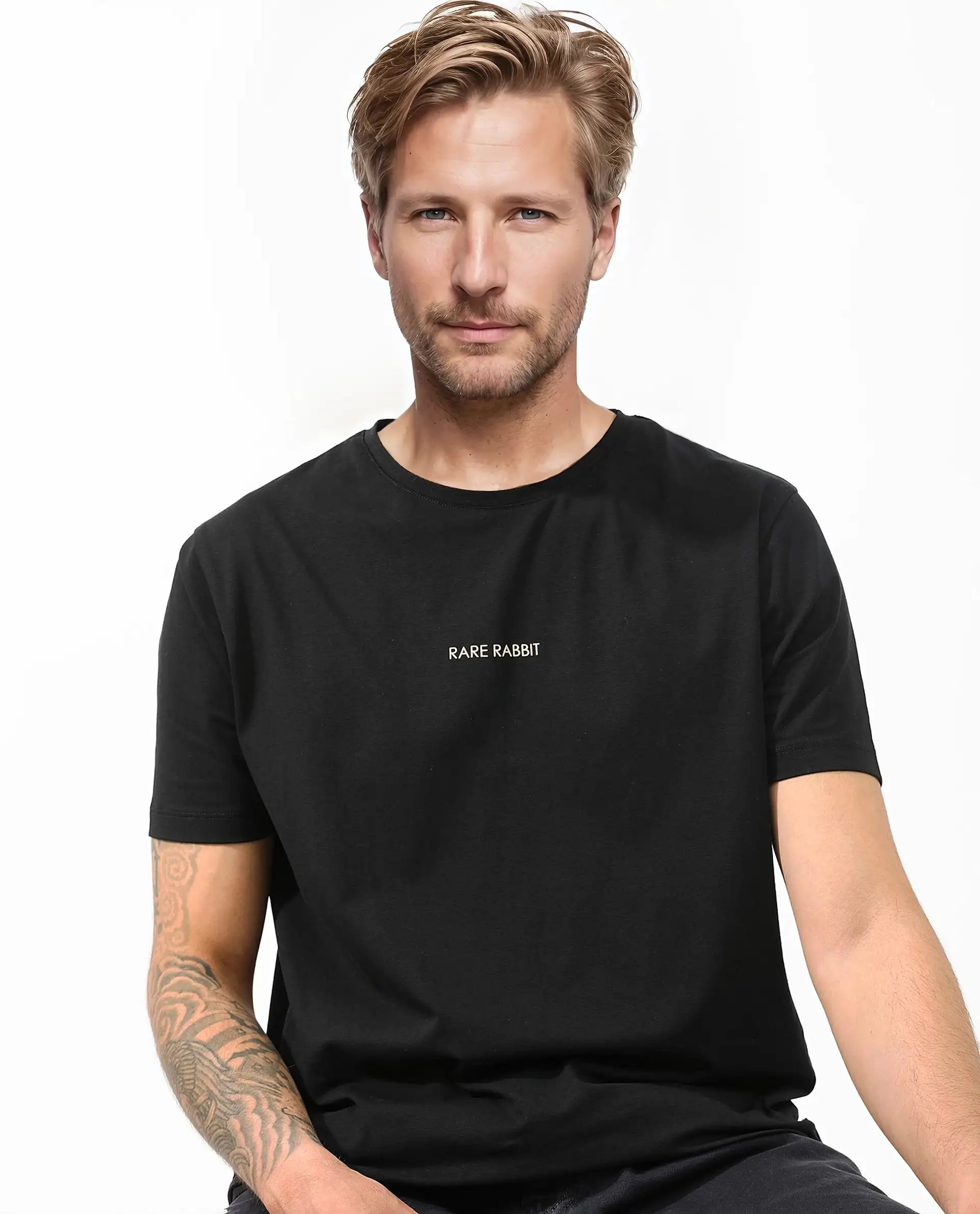 Rare Rabbit Articale Mens Stark Black Cotton Polyester Fabric Short Sleeve Crew Neck Slim Fit Printed T-Shirt