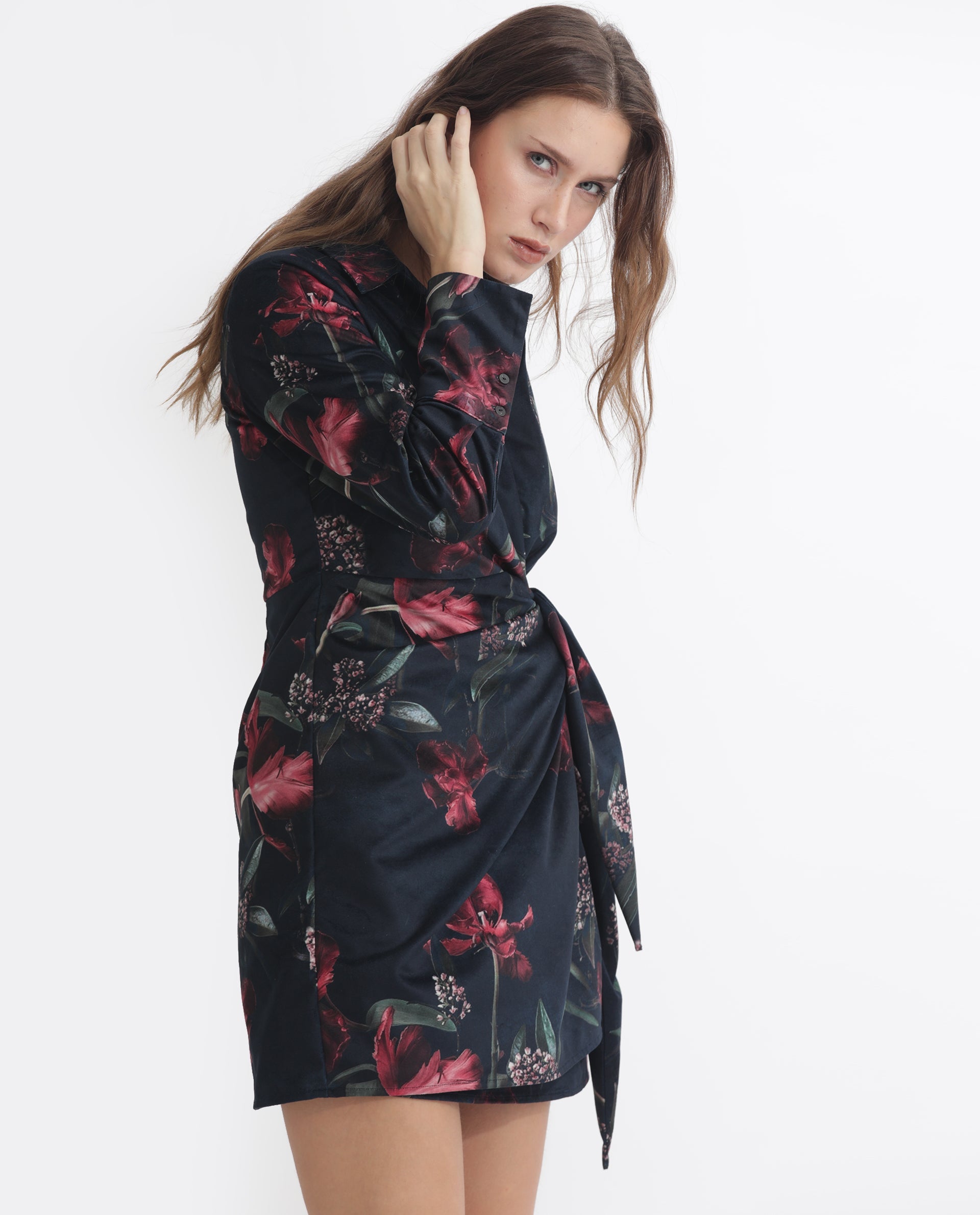 Rareism Women Starle Black Printed V Neck Full Sleeves Wrap Mini Dress