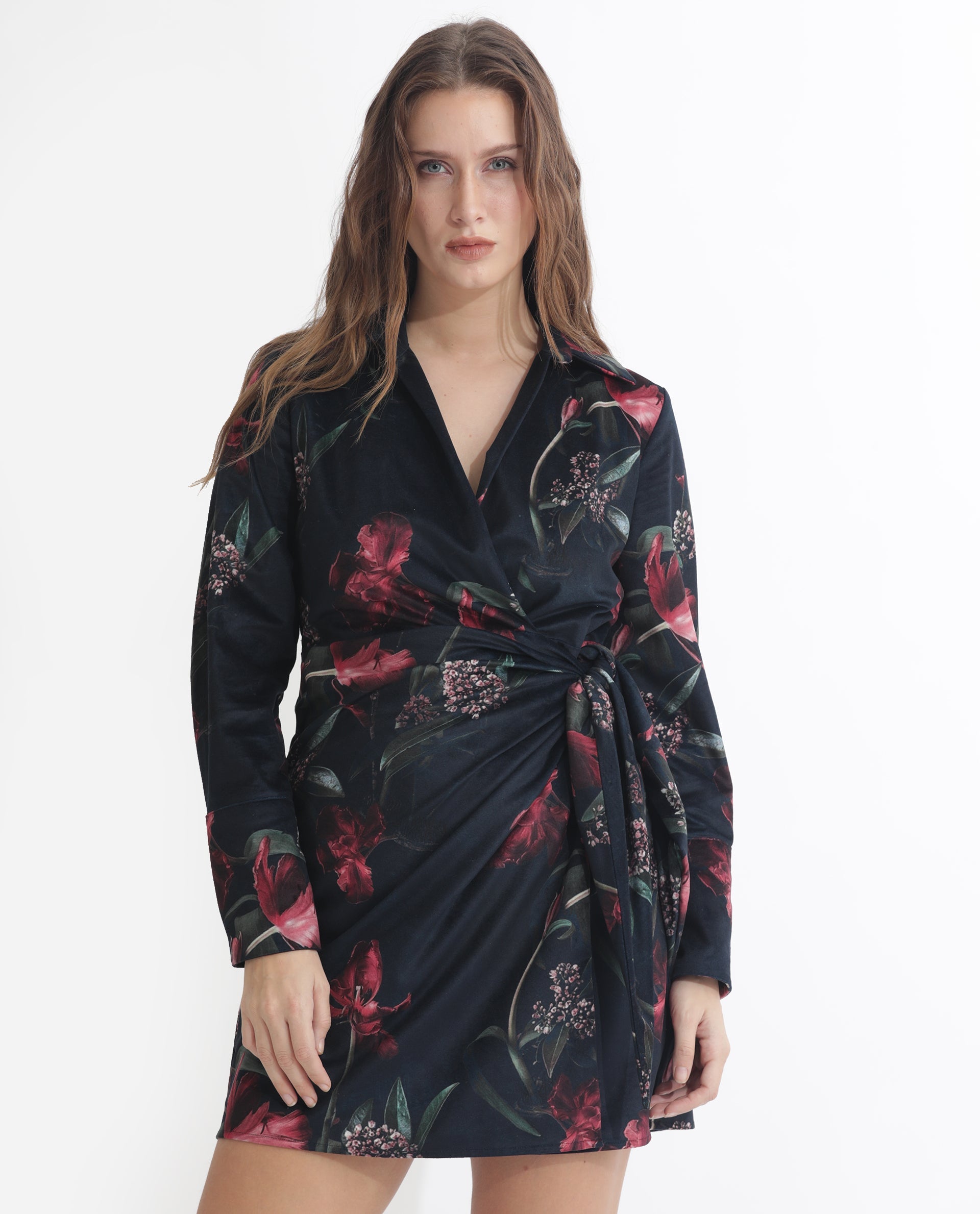 Rareism Women Starle Black Printed V Neck Full Sleeves Wrap Mini Dress