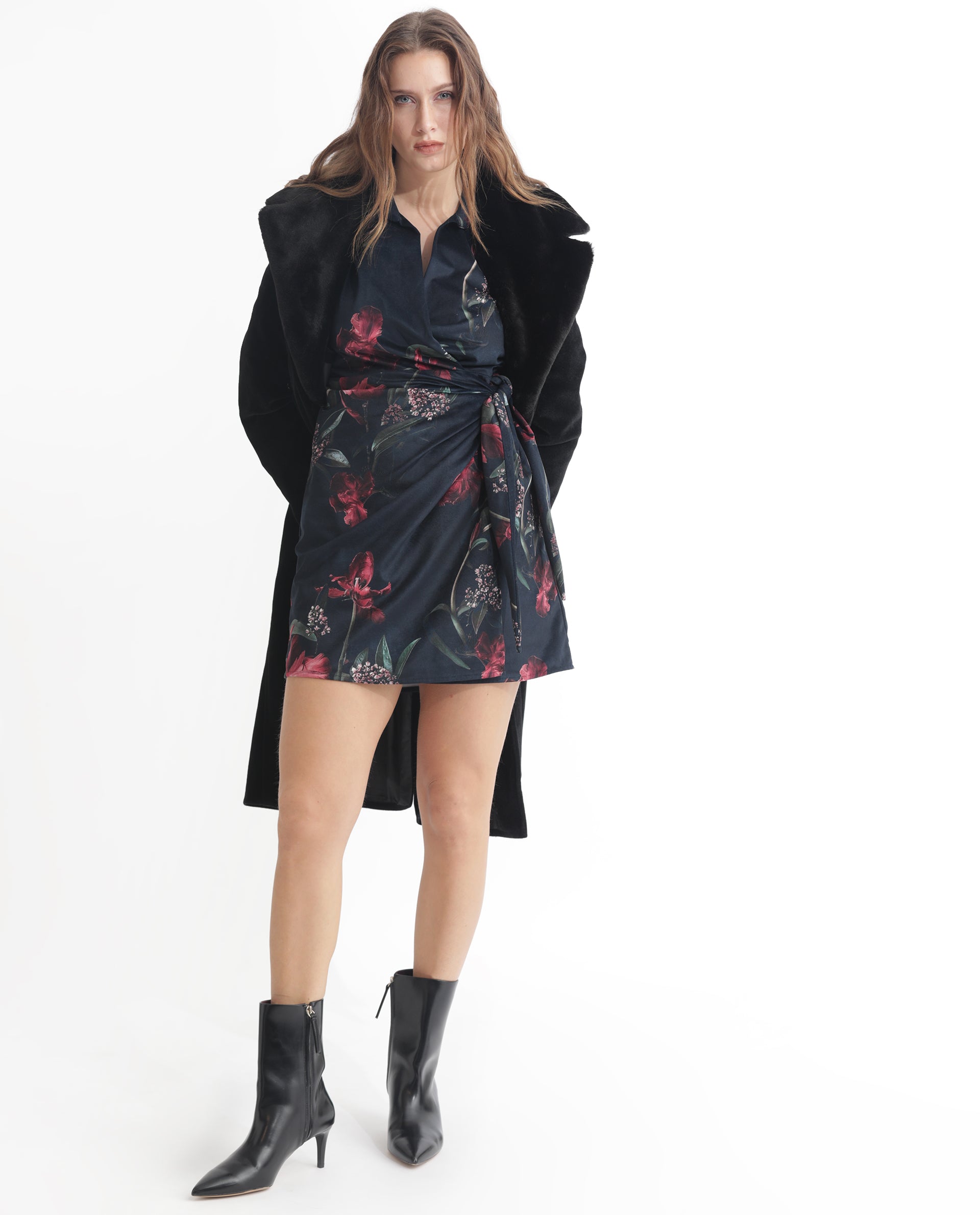 Rareism Women Starle Black Printed V Neck Full Sleeves Wrap Mini Dress