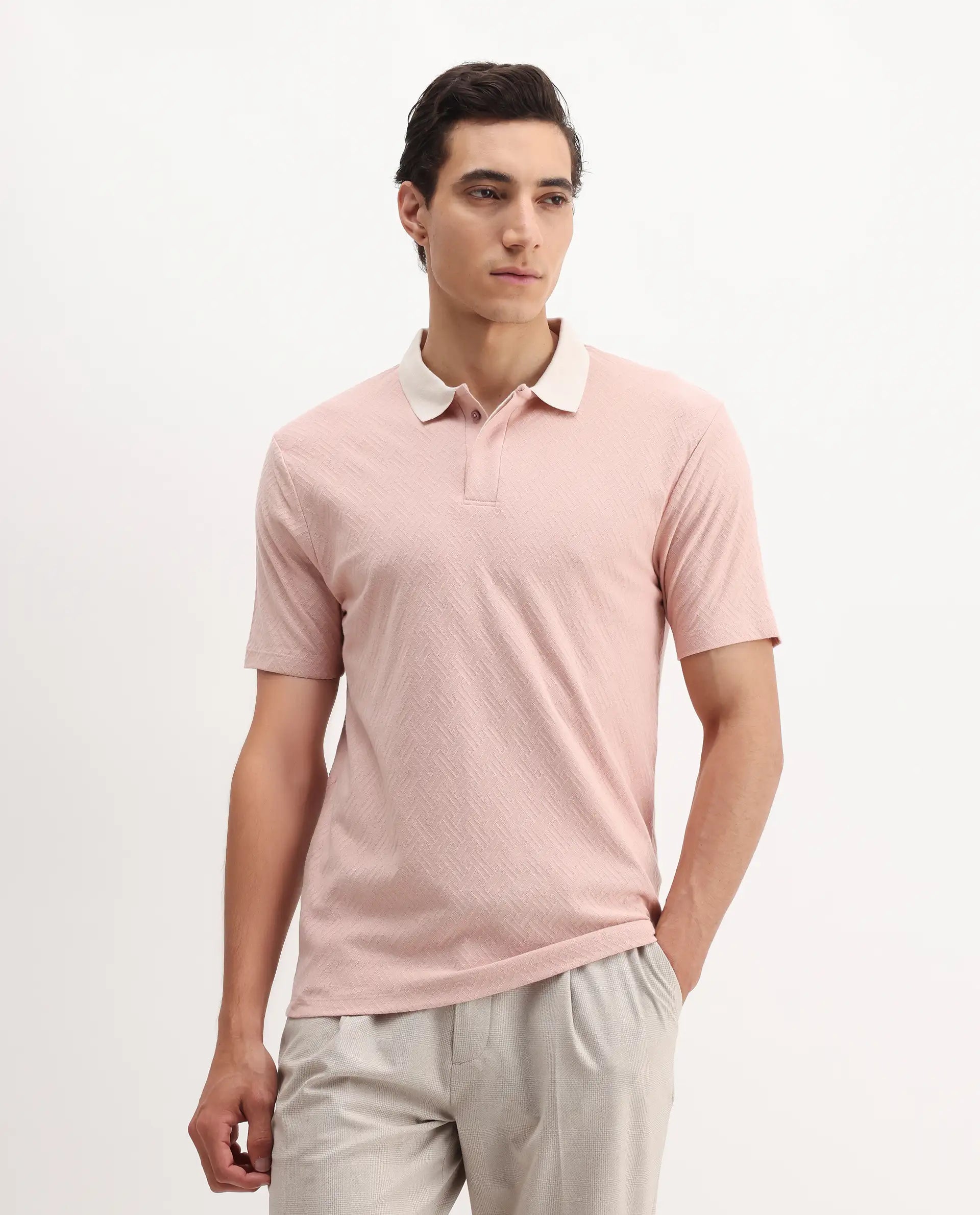 Rare Rabbit Men's State-1 Pastel Pink Cotton Jacquard Regular Fit Half Sleeve Polo