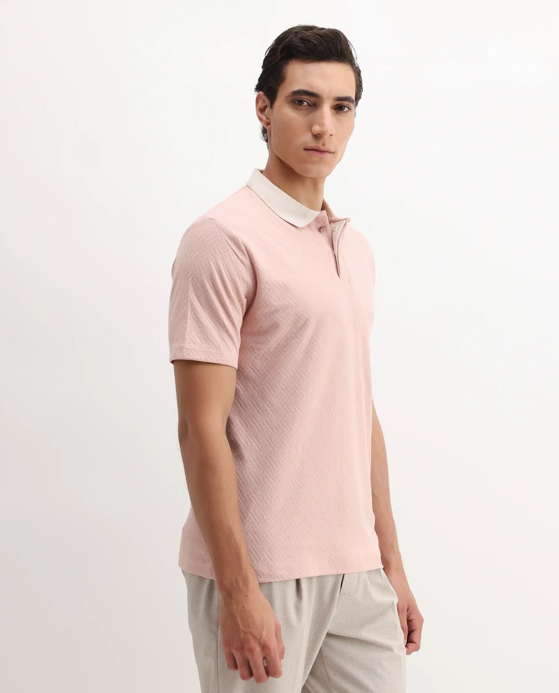 Rare Rabbit Men's State-1 Pastel Pink Cotton Jacquard Regular Fit Half Sleeve Polo