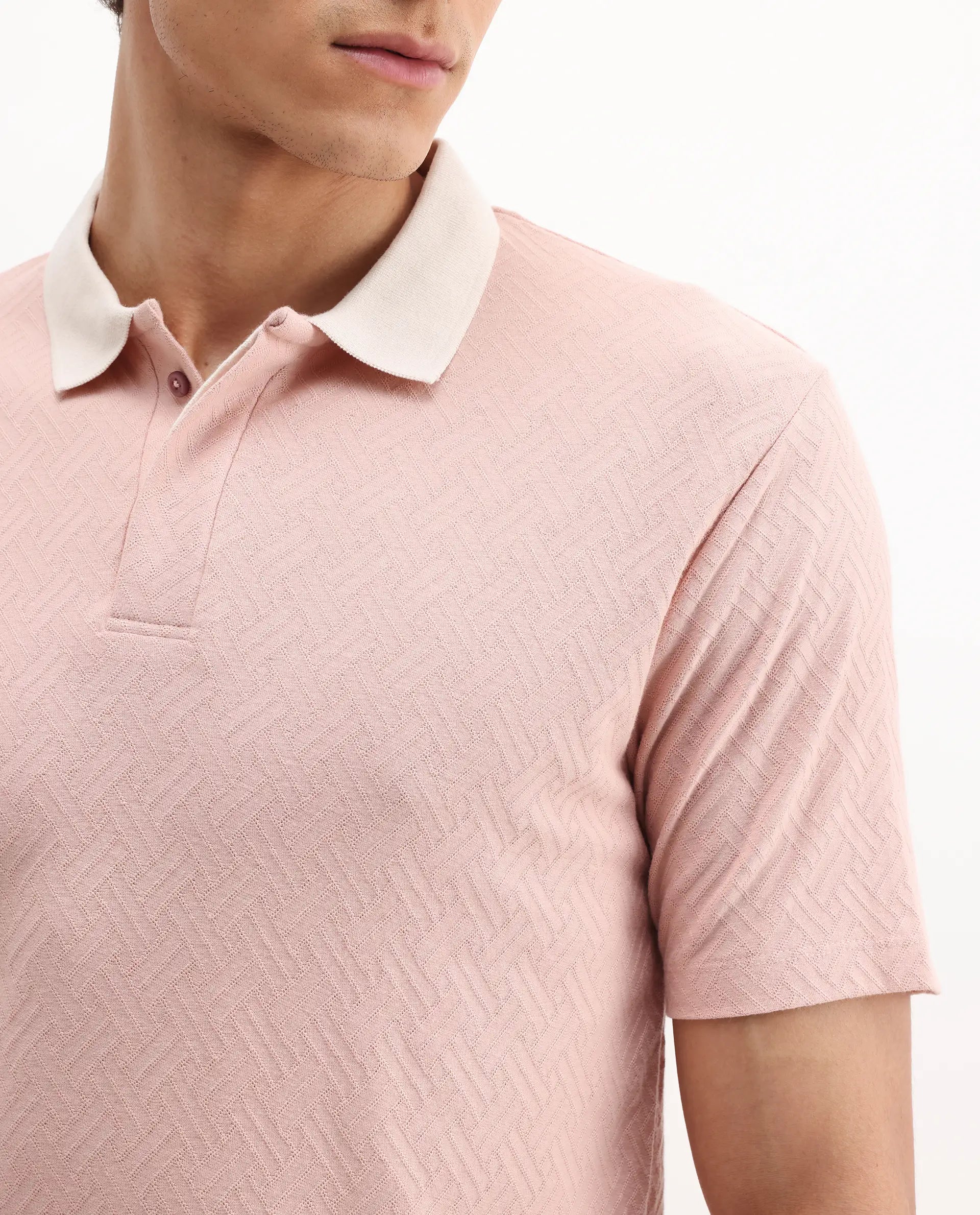 Rare Rabbit Men's State-1 Pastel Pink Cotton Jacquard Regular Fit Half Sleeve Polo