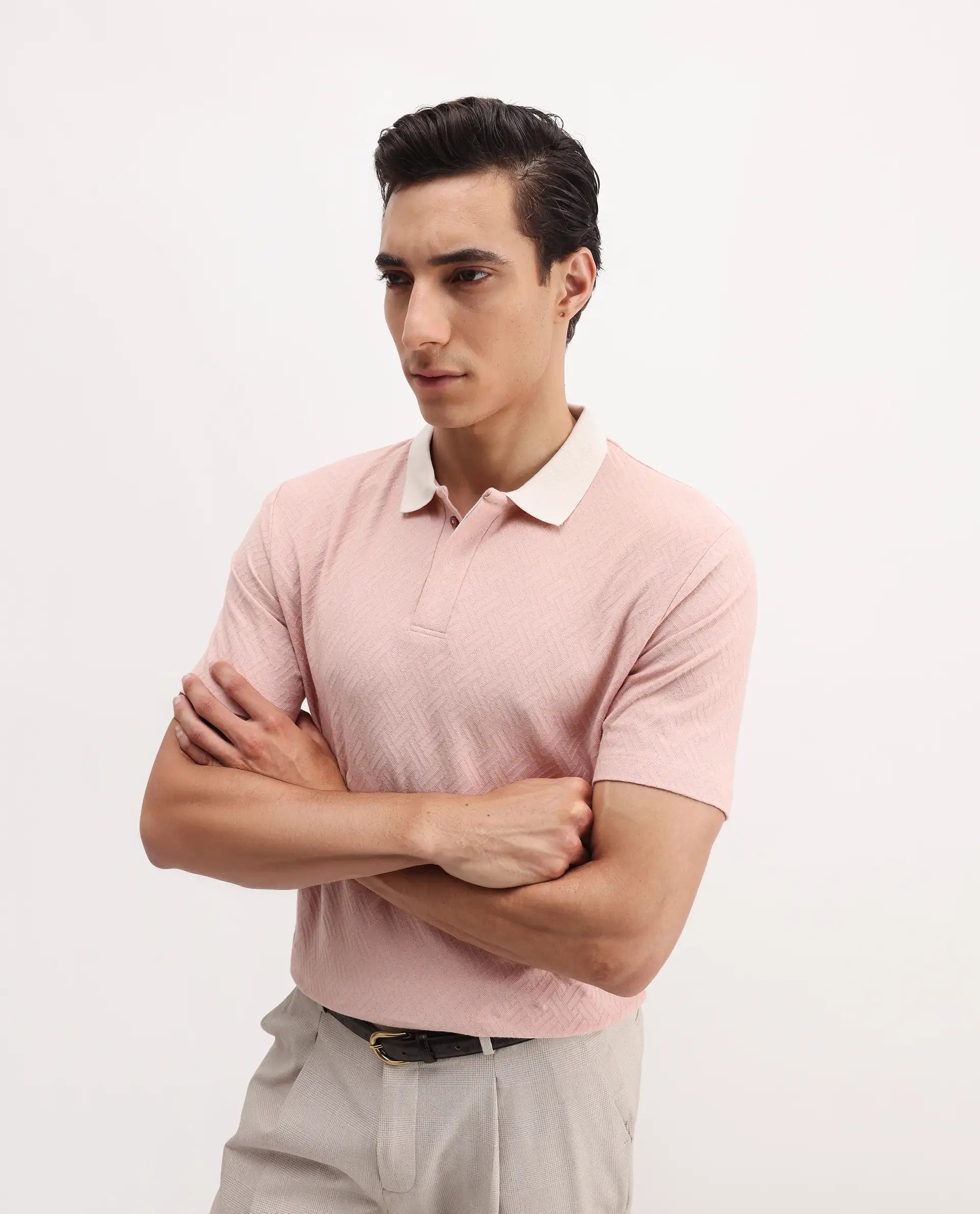 Rare Rabbit Men's State-1 Pastel Pink Cotton Jacquard Regular Fit Half Sleeve Polo