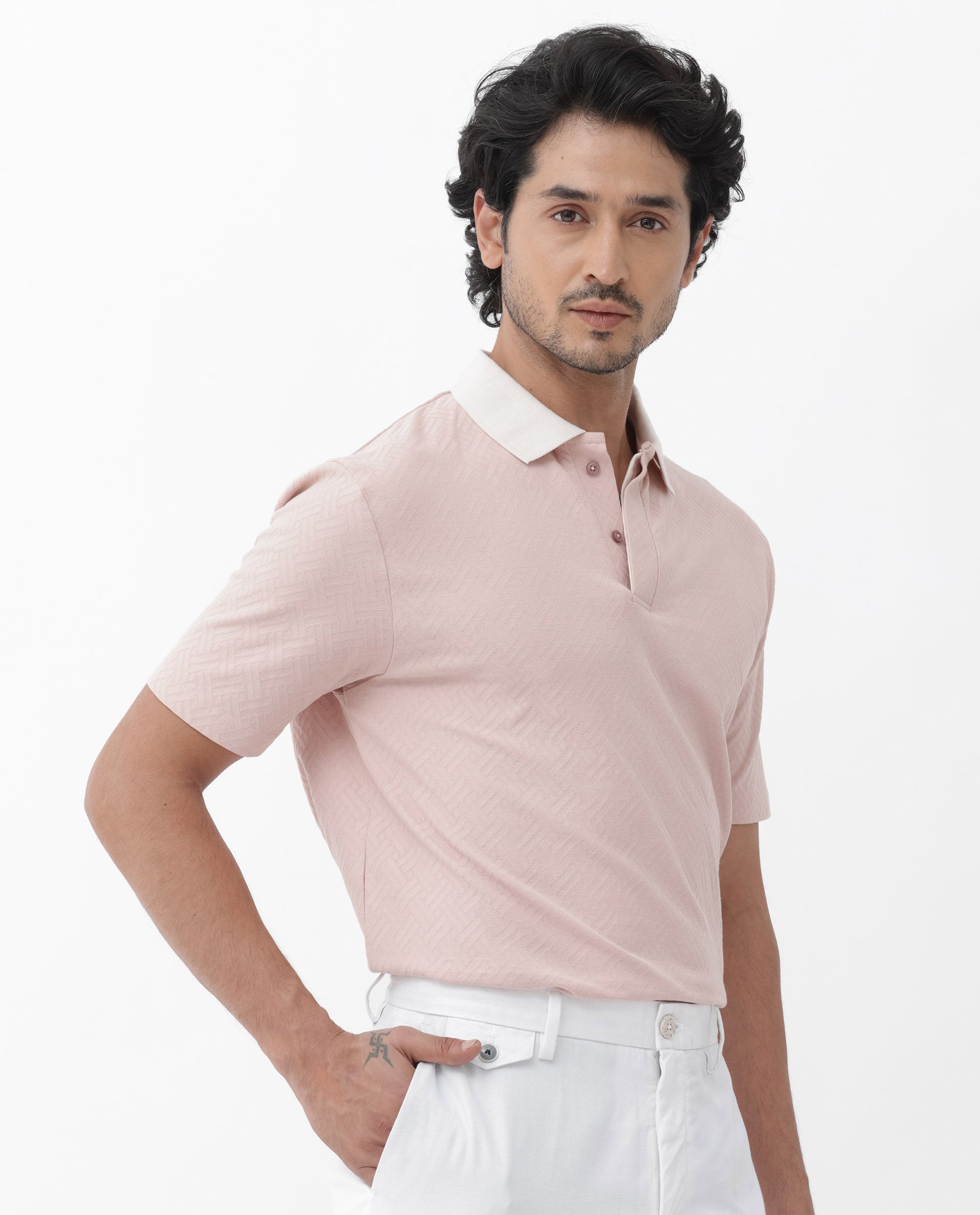 Rare Rabbit Mens State Pastel Pink Short Sleeves Solid Jacquard Print Polo T-Shirt