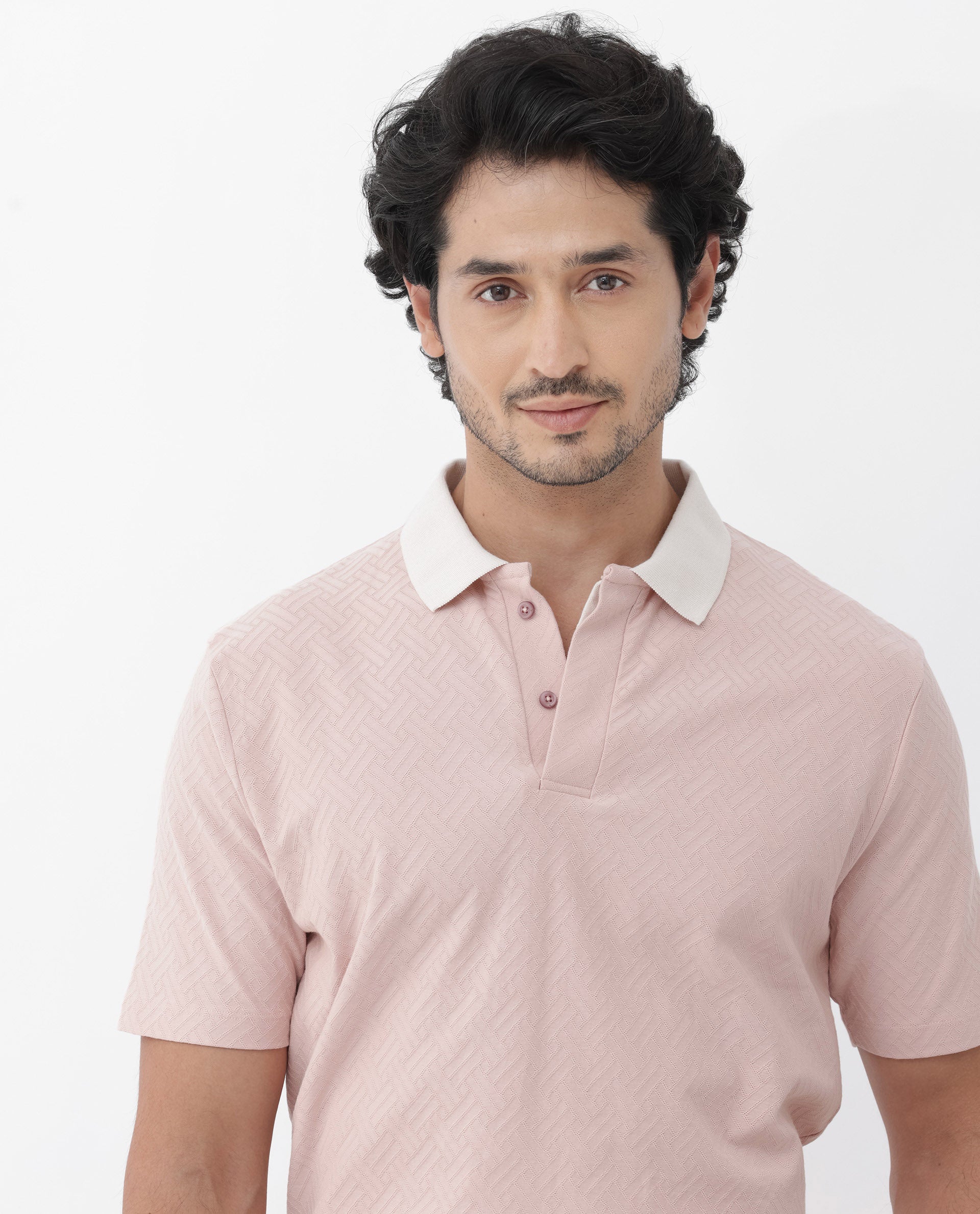 Rare Rabbit Mens State Pastel Pink Short Sleeves Solid Jacquard Print Polo T-Shirt