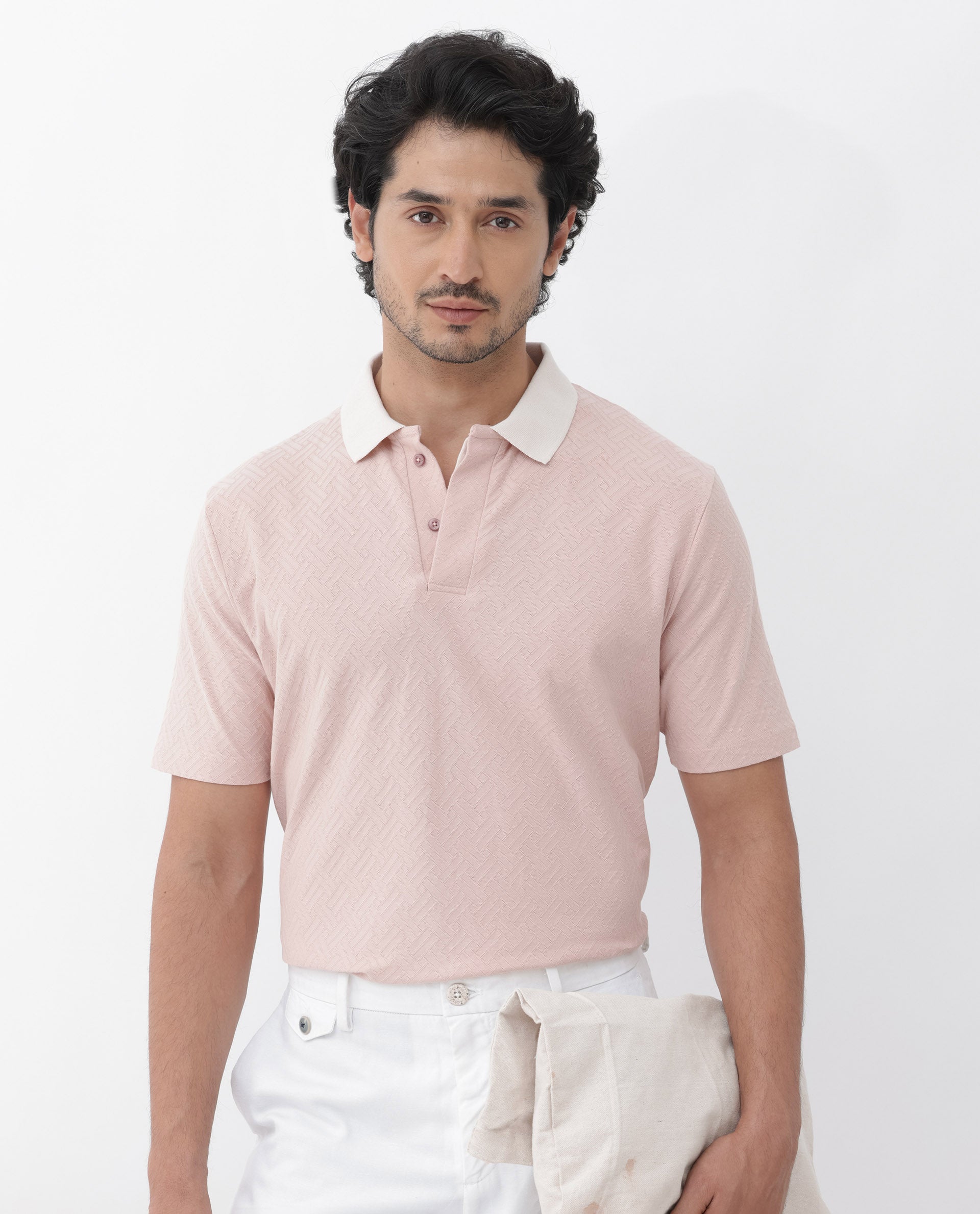 Rare Rabbit Mens State Pastel Pink Short Sleeves Solid Jacquard Print Polo T-Shirt