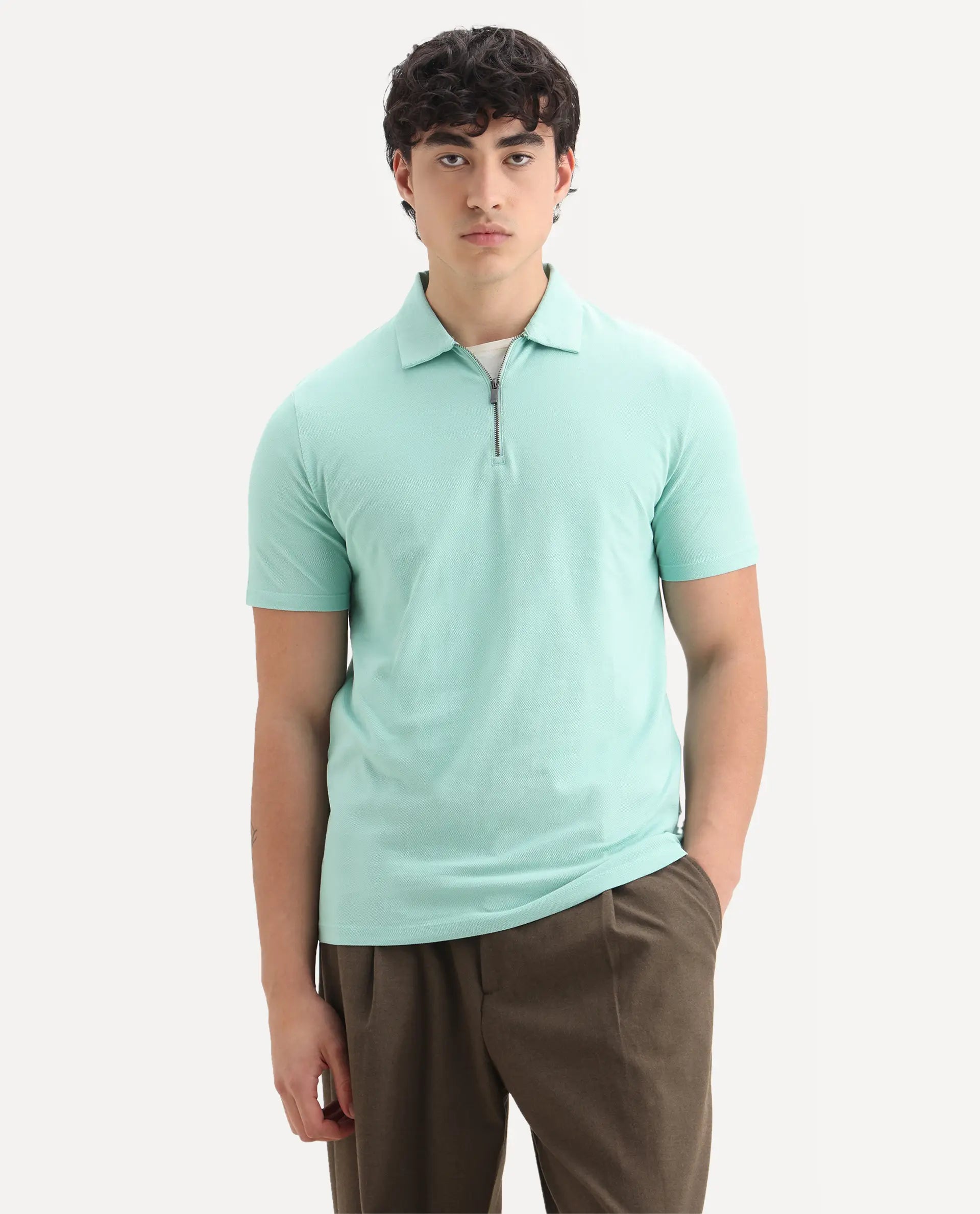 Rare Rabbit Men's Stel Pastel Green Cotton Plain Regular Fit Half Sleeve Polo