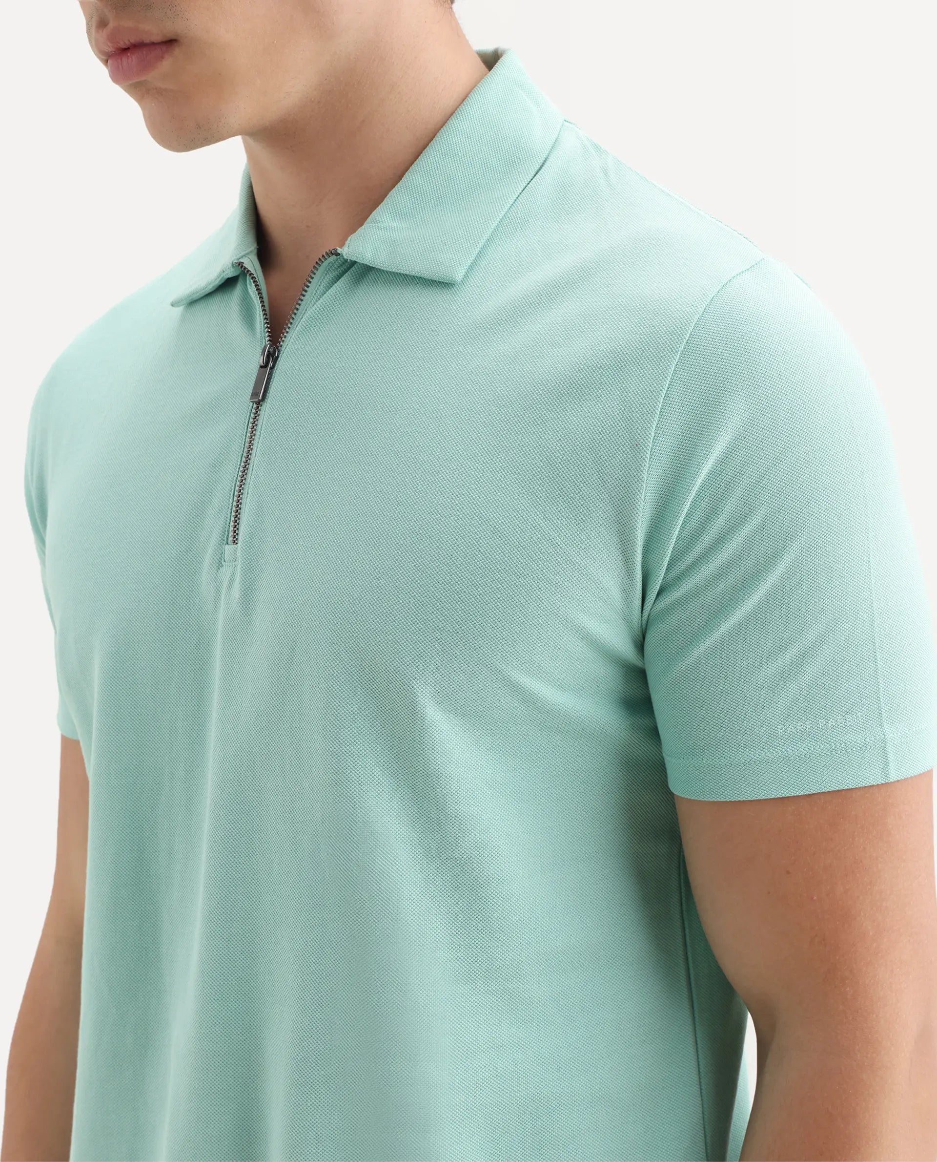 Rare Rabbit Men's Stel Pastel Green Cotton Plain Regular Fit Half Sleeve Polo