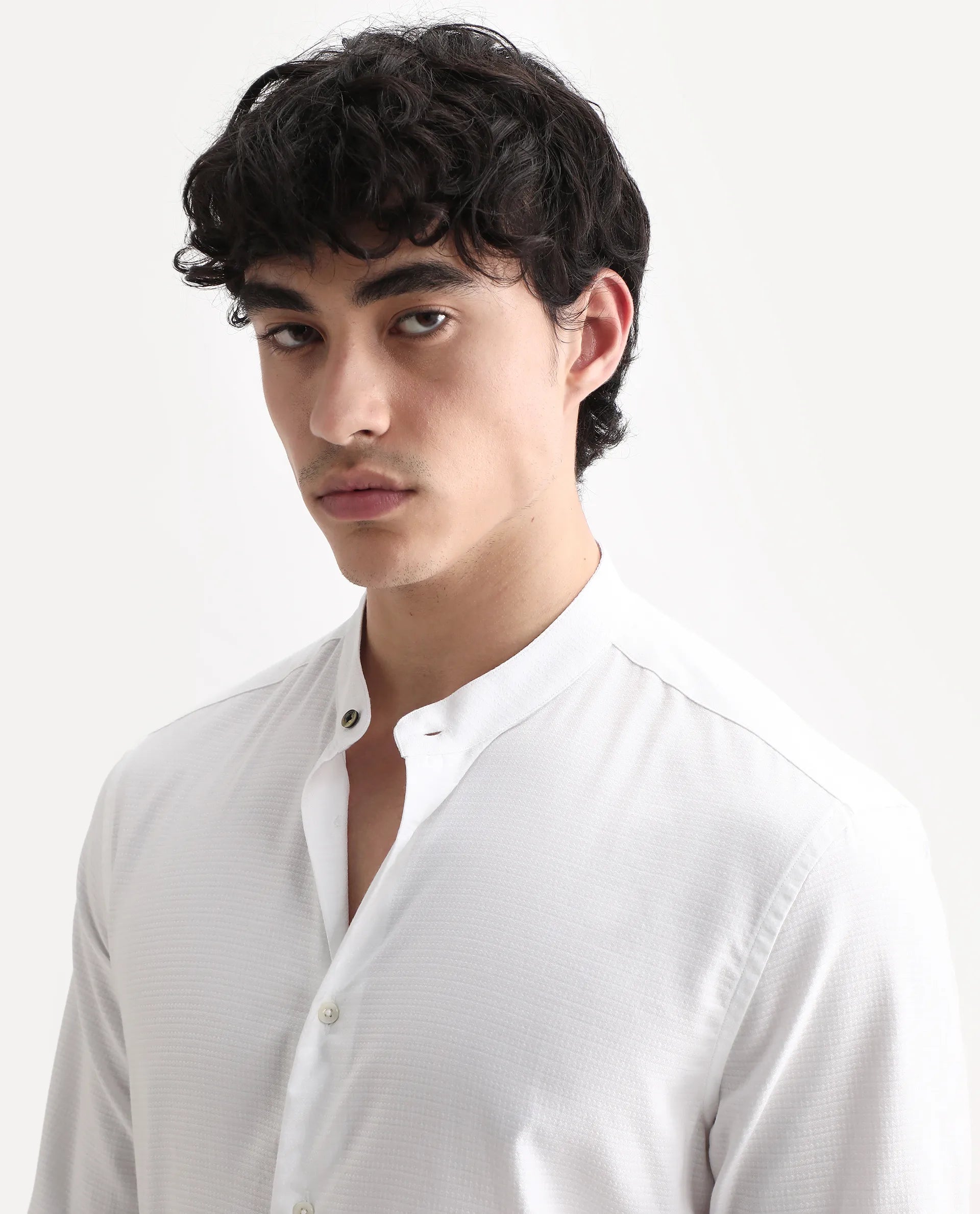 Rare Rabbit Men's Stellar White Cotton Checked Print Regular Fit Full Sleeve Mandarin Collar Shirt